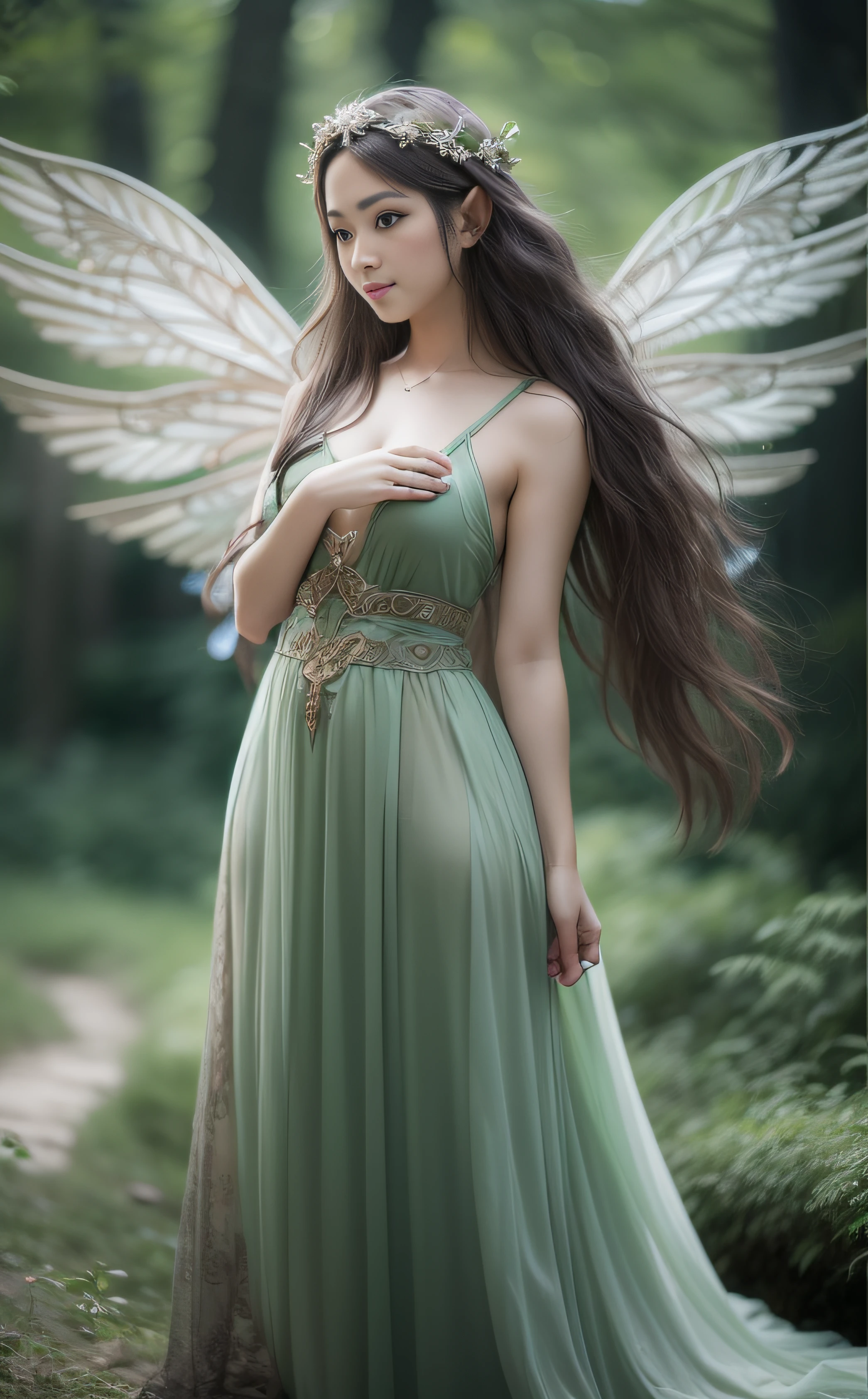 a smile、being thin、Photo of a gorgeous 20-year-old Finnish fairy wearing (White Flow Dress:1.2) And (Delicate fairy wings:1.2), , (Sateen:1.1), on forest path:,, masutepiece, Barefoot, (Natural lighting:0.8), 8K, ((Realistic)), , the woods、covering the navel、hiding breast、Hide legs、(Curvaceous)femele(flawless skin:1.11)、The upper part of the body、Woman in green dress posing for photo, very beautiful elven top model, Beautiful maiden, goddess of the forest, Elven Princess, goddess of Japan, ornate cosplay, beautiful elven princess, beautiful wood elf, cosplay foto, beautiful and elegant elf queen, elf princess, beautiful elf with ornate robes, nature goddess, Elf long woven brown hair,8k artistic portrait photography, , portraitures, The upper part of the body、Shot with Canon EOA 6 D Mark II, , portrait shot, taken with canon eos 5 d mark iv, , Aesthetic portrait,、softfocus