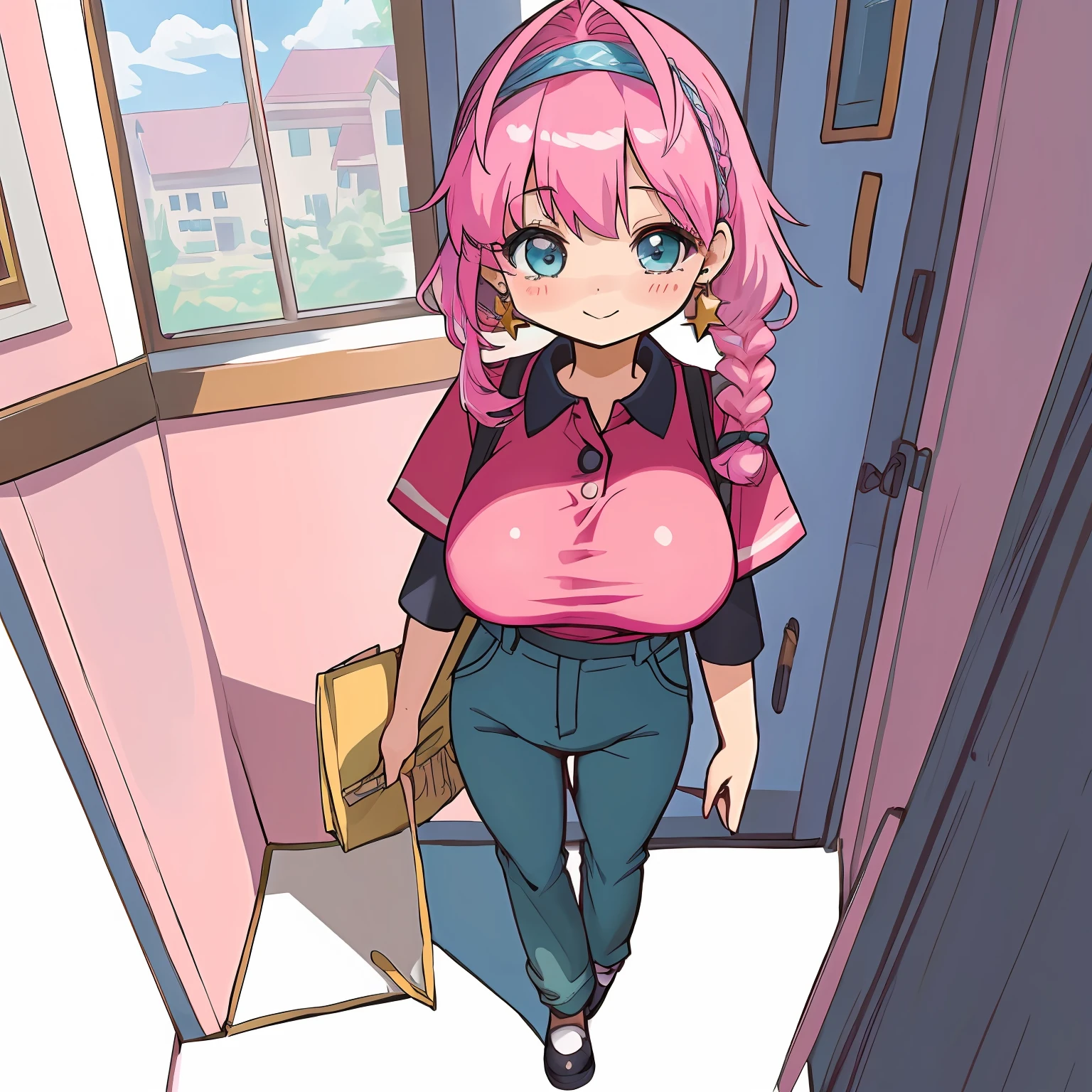 (Highly detailed CG Unity 8k wallpaper), (Best Quality), (Super Detail), (Best Illustration), (Best Shadow), POV, Realistic lighting and shading, Natural light, Lens flare effect, BREAK, 1 beautiful girl, Solo,(Cute:1.5),(Chibi:0.8), (kawaii:1.5),(Lori:0.5), BREAK,  ( (17 years old girl), Very detailed, colourfull, highest details, BREAK, (Huge breasts: 1. 2,), Clear skin, Beautiful skin, Shy skin, 1 beautiful girl,{Heterochromia,pale blue eyes,pale green eyes:1.5}, star eye silhouette, Break HA , (Pink hair, Medium length:1.2),(Braided hairstyle:1.1),(Large breasts:1. 5), (Light blue eyes, long eyelashes, Double eyelids: 1. 2), Solo,  gleaming skin, BREAK,(trouser,Black chinos,Pichi Pichi:1.2), (shortsleeves, polo shirts, Red Shirt:1.2),  (star-shaped earring:1.1), (Lace headband:1.0), (Cute Accessories:1.3), (A smile,Happiness:1.1), (is standing,Slouched:1.3), Holding paper pants in his right hand,Hanging a tube of ointment in the left hand, (Angle from the front:1.1), BREAK, (Caregiver:1.2),(Facilities for the elderly,Day Service,in a house:1.5),(Multiple seniors)