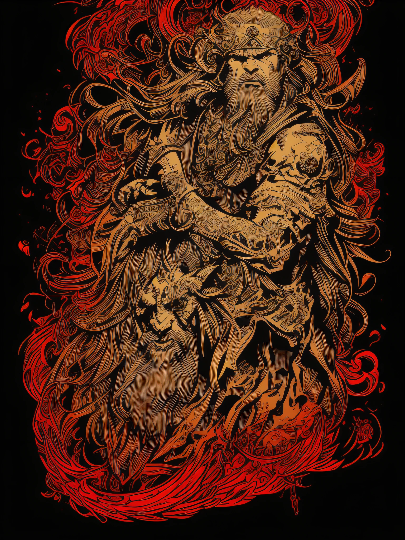 Odin, t-shirt art, 2D, ((black background :1, 5)), vector, vivid colors, masterpiece, best quality, intricate details, perfect symmetrical face, realistic details, gothic theme, rim light, moonlight, cinematic shading, Greg Rutkowisk