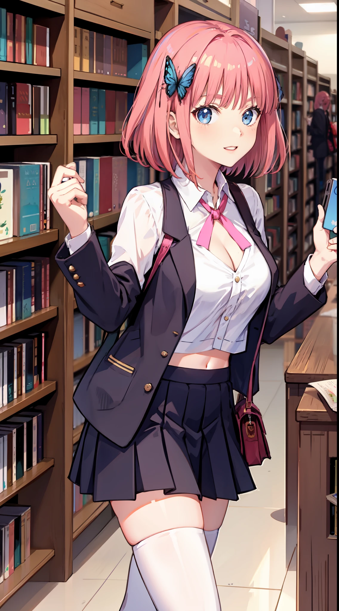 nakano_nino, short hair, slim legs, happy, cleavage, short skirt, navel, blue eyes, school uniform, thigh high socks, stand, library, pink hair, butterfly hair ornaments