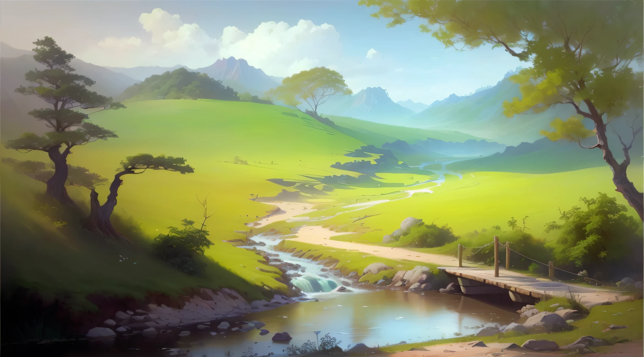 pintura de um rio que atravessa um vale verde exuberante com uma ponte, Pintura digital fosca 4K HD, beautiful oil matte painting, paisagem campestre anime, scenery artwork, Pintura digital 4k, Pintura digital 4K, Pintura de paisagem virtual 3D, pintura digital bonita, 8k resolution digital painting, 8k resolution digital painting, paisagem de arte de fantasia, scenery art detailed