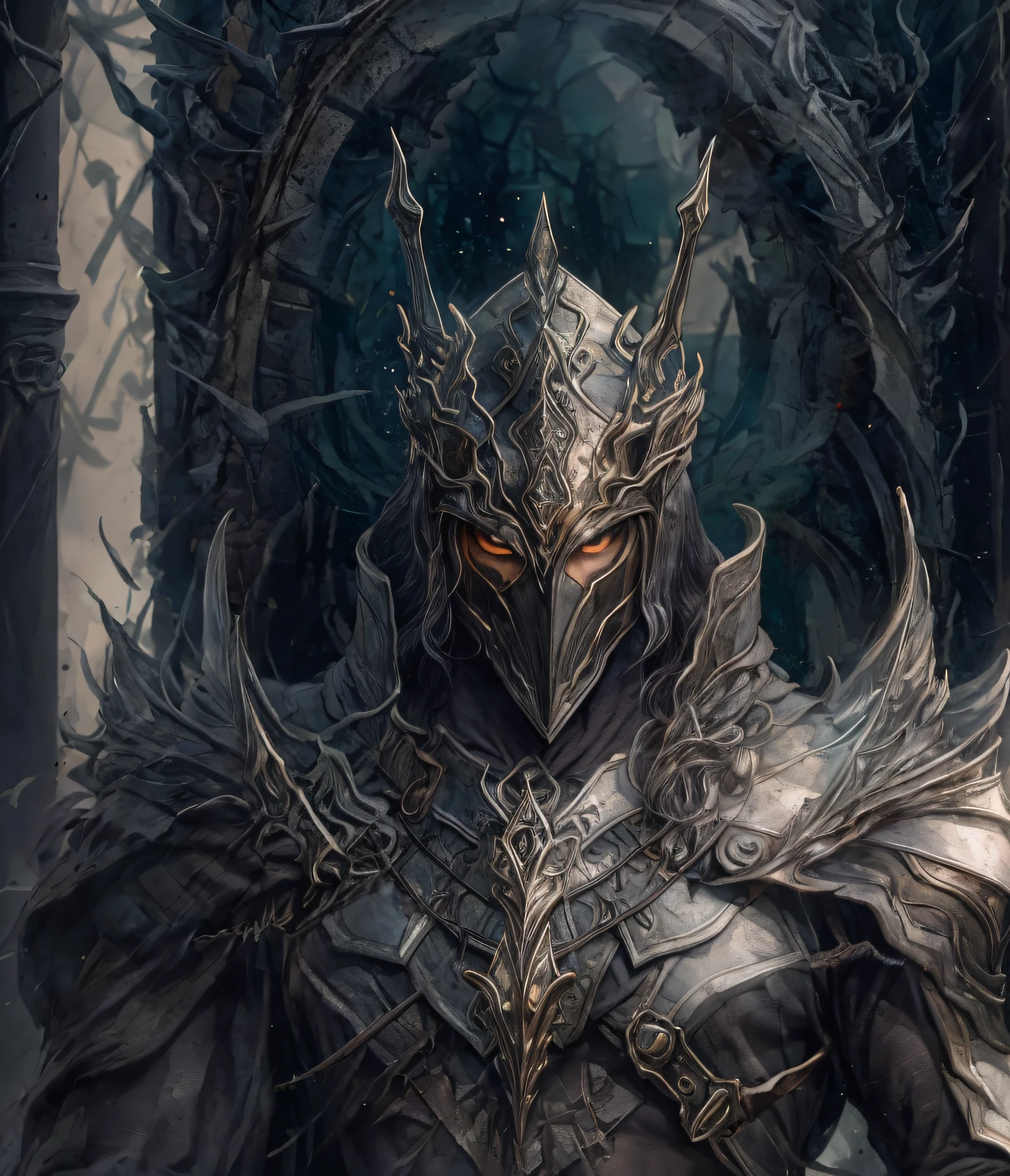 Sauron con su armadura, anime de una pieza, hombre, aretes, cara, cabello verde, jewely, enfoque masculino, aire libre, cabello corto, symmetrical body, retrato, cinematography lighting, alto contraste, Art Station, arte conceptual del personaje, 8k, fondo simple, cicatriz sobre un ojo