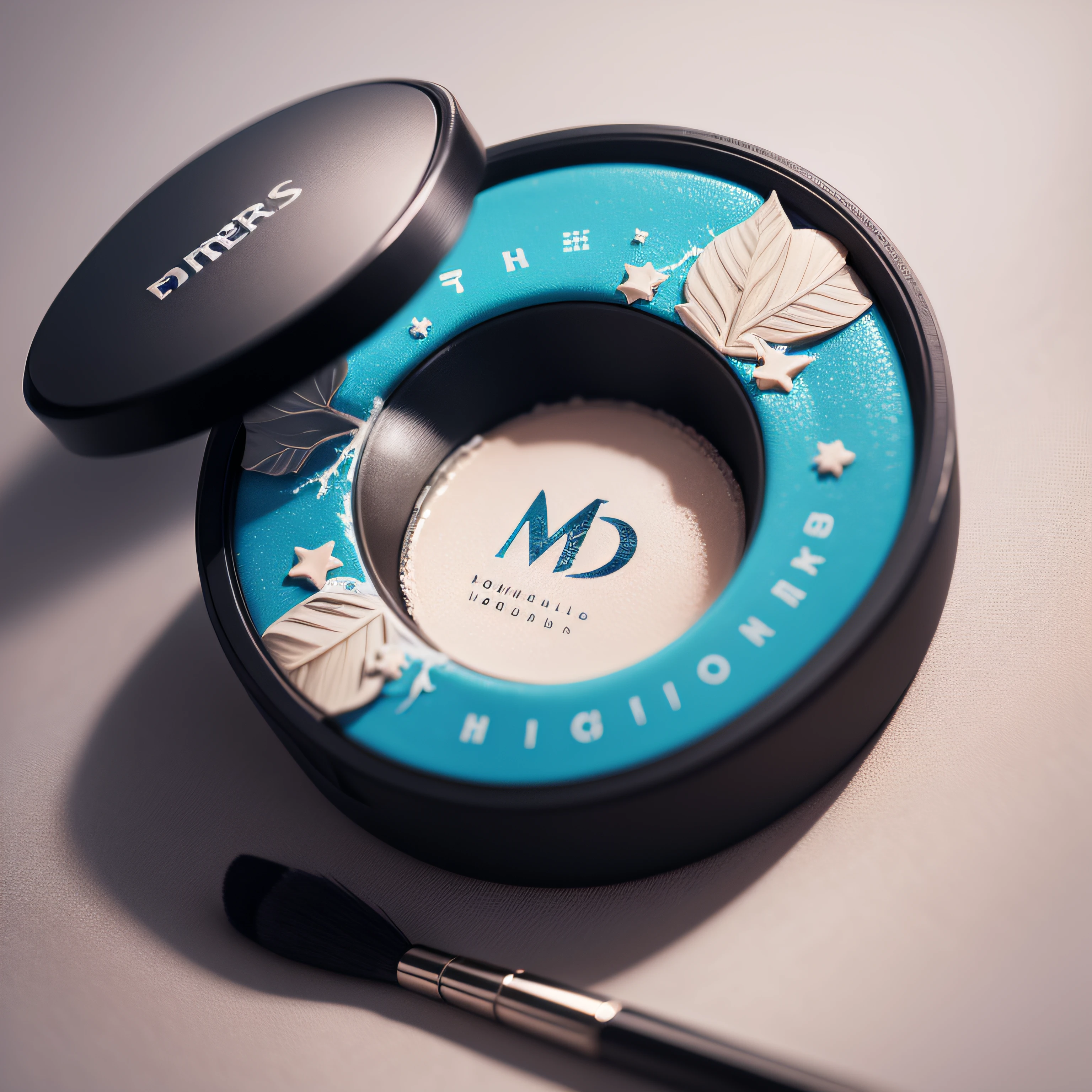 crie uma logotipo em 2D utilizando a letra M como base para o desenho, To add to aspects of the logo put picels and makeup powder.