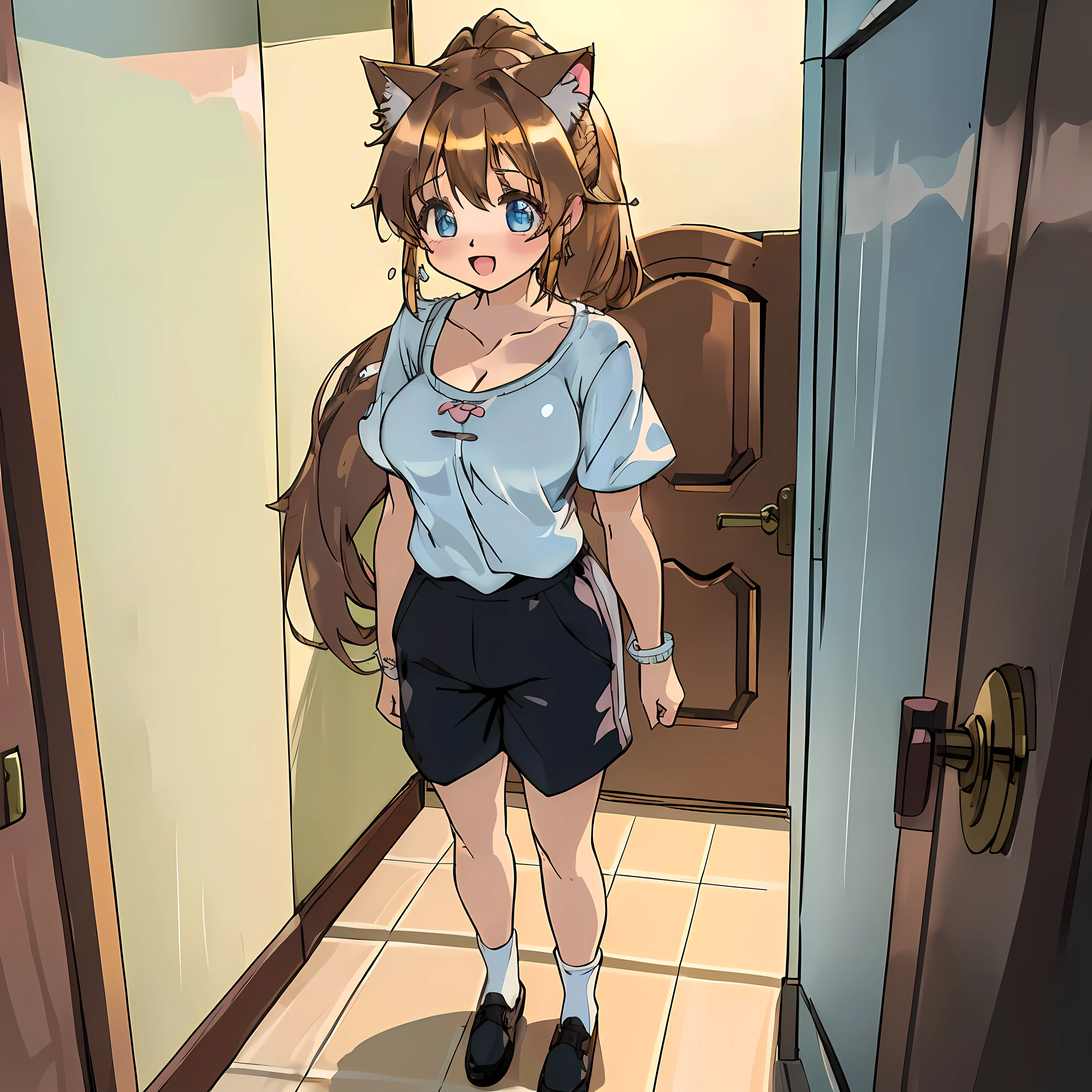 (Highly detailed CG Unity 8k wallpaper), (Best Quality), (Super Detail), (Best Illustration), (Best Shadow), POV, Realistic lighting and shading, Natural light, Lens flare effect, BREAK, 1 beautiful girl, Solo,(Cute:1.5),(Chibi:0.8), (kawaii:1.5),(Lori:0.5), BREAK, ( ( girl), Very detailed, colourfull, highest details, BREAK, (Huge breasts: 1. 2,), Clear skin, Beautiful skin, Shy skin, 1 beautiful girl, Brown hair, (Cat ears, Ponytail, medium-Long hair: 1. 2), (Light blue eyes, long eyelashes, Double eyelids: 1. 2), Solo, gleaming skin, BREAK,(short trousers,Black shorts,Pichi Pichi:1.2), (shortsleeves, Wet white t-shirt,Wet,no-bra:1.2), (star-shaped earring:1.1), (Lace headband:1.0), (Cute Accessories:1.3), (:D,Happiness:1.1), (is standing,Slouched:1.3), Holding a man's trunks with both hands, (Angle from below,Emphasizes cleavage:1.1), BREAK, (Caregiver:1.2),(Facilities for the elderly,Entrance to the bathroom,Day Service,in a house:1.5),(Multiple male elderly people undressed)