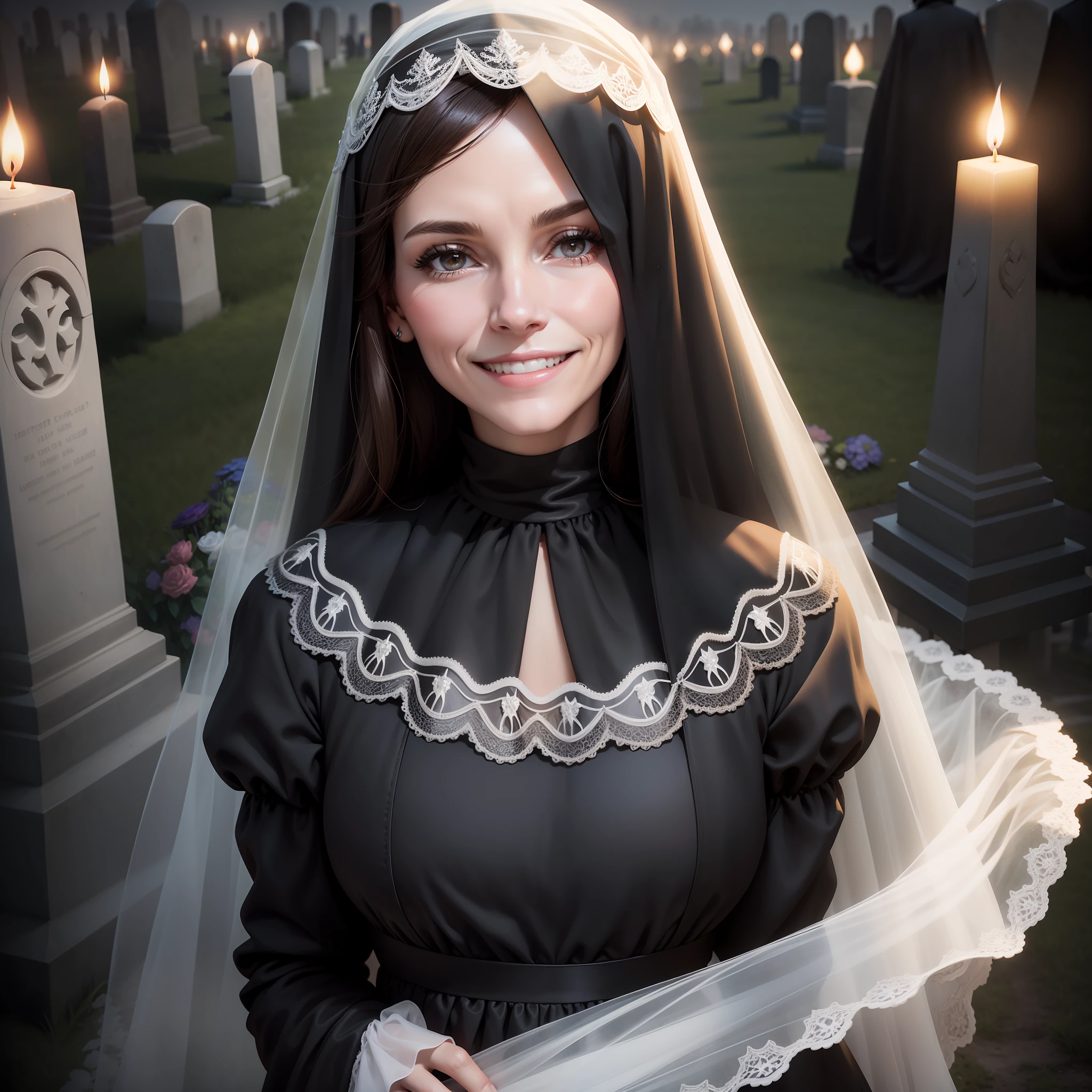 Photo style, real photo. 55 year old woman, brunette, tall, thin, smile showing her teeth, black  dress, White transparent  veil covering her eyes. is in the cemetery at night, candlelight and fog. Midjourney style