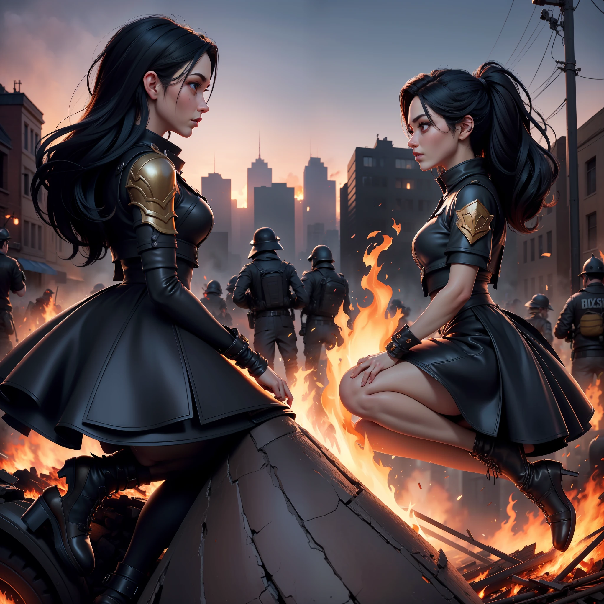 (masterpiece, top quality, best quality, official art, beautiful and aesthetic:1.2),
there is a beautiful woman jumping over a fire with a beautiful woman watching, rioting, chaotic riots in 2055, violent protest,
riot, after a riot, mosh pit, witch burning, lots of fire, pandemonium, woman made of black flames,
dystopian celebration, profile image, profile picture, bonfire in city street, beautiful oil matte painting, american scene painting,