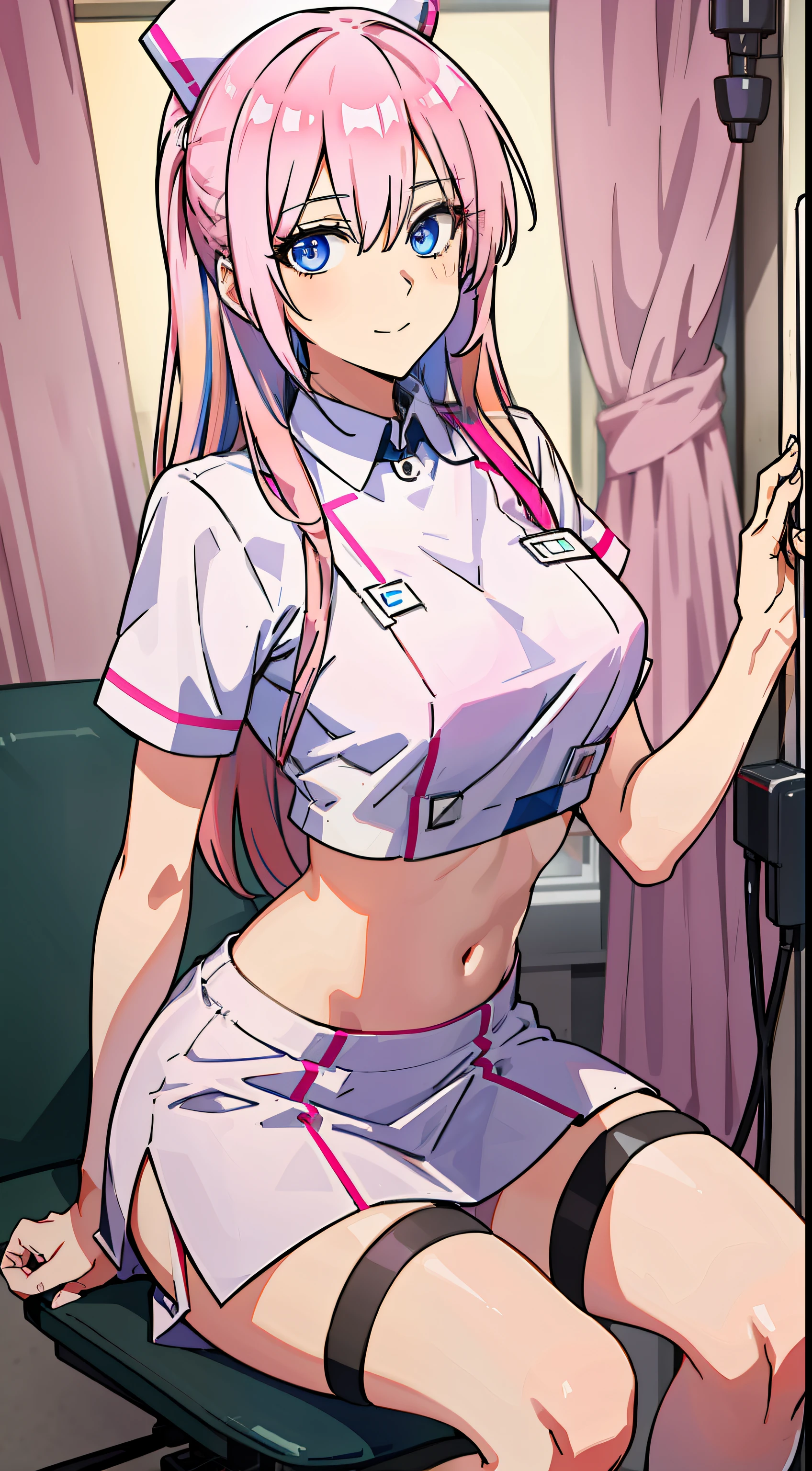 shikimori, slim legs, navel, short skirt, standing, beautiful eyes, blue eyes, happy, nurse, hospital, pink hair, long hair, thigh high socks, sitting