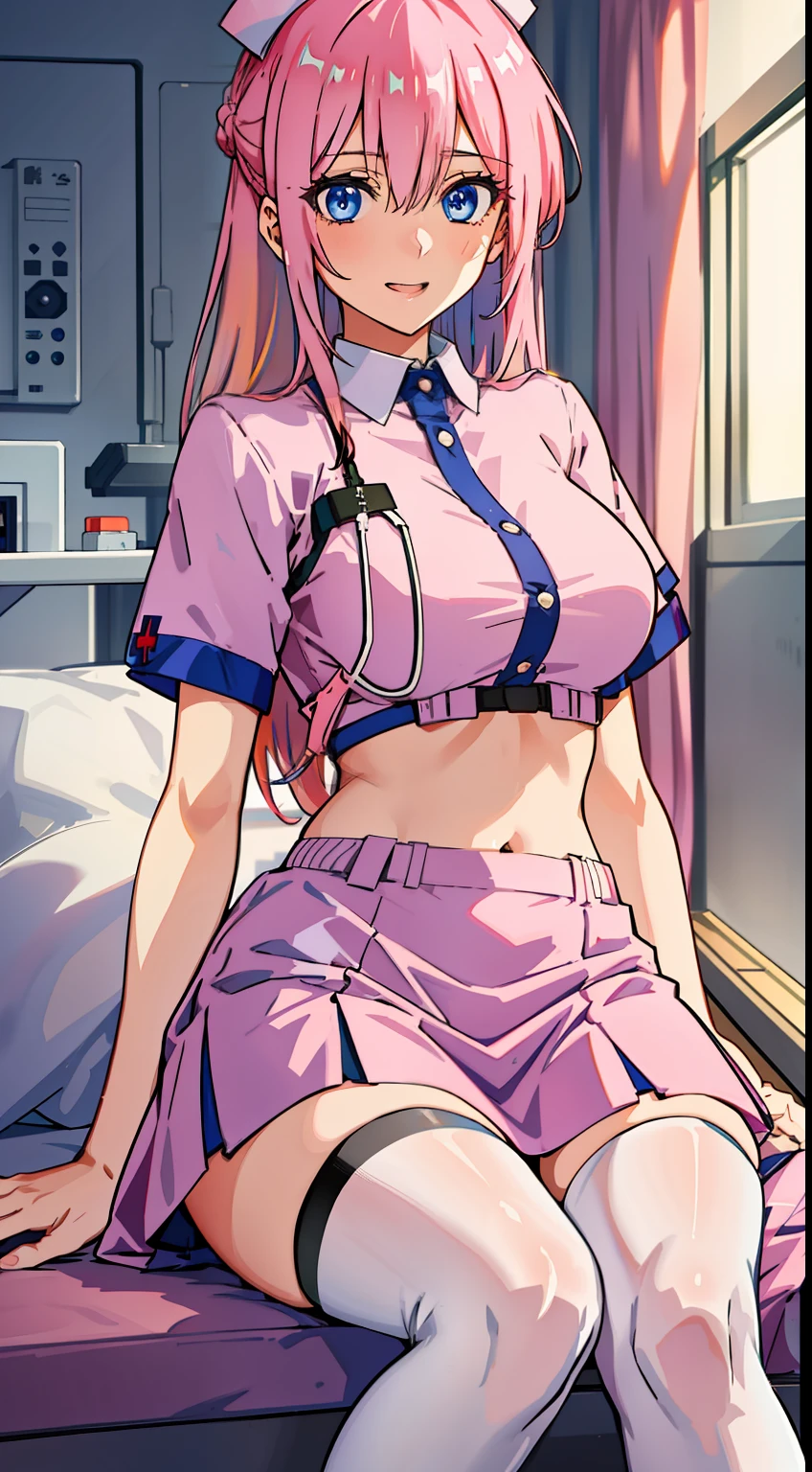 shikimori, slim legs, navel, short skirt, standing, beautiful eyes, blue eyes, happy, nurse, hospital, pink hair, long hair, thigh high socks, sitting