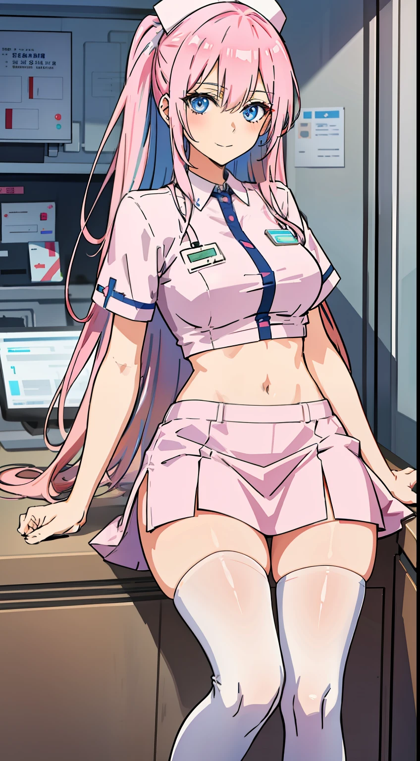 shikimori, slim legs, navel, short skirt, standing, beautiful eyes, blue eyes, happy, nurse, hospital, pink hair, long hair, thigh high socks, sitting