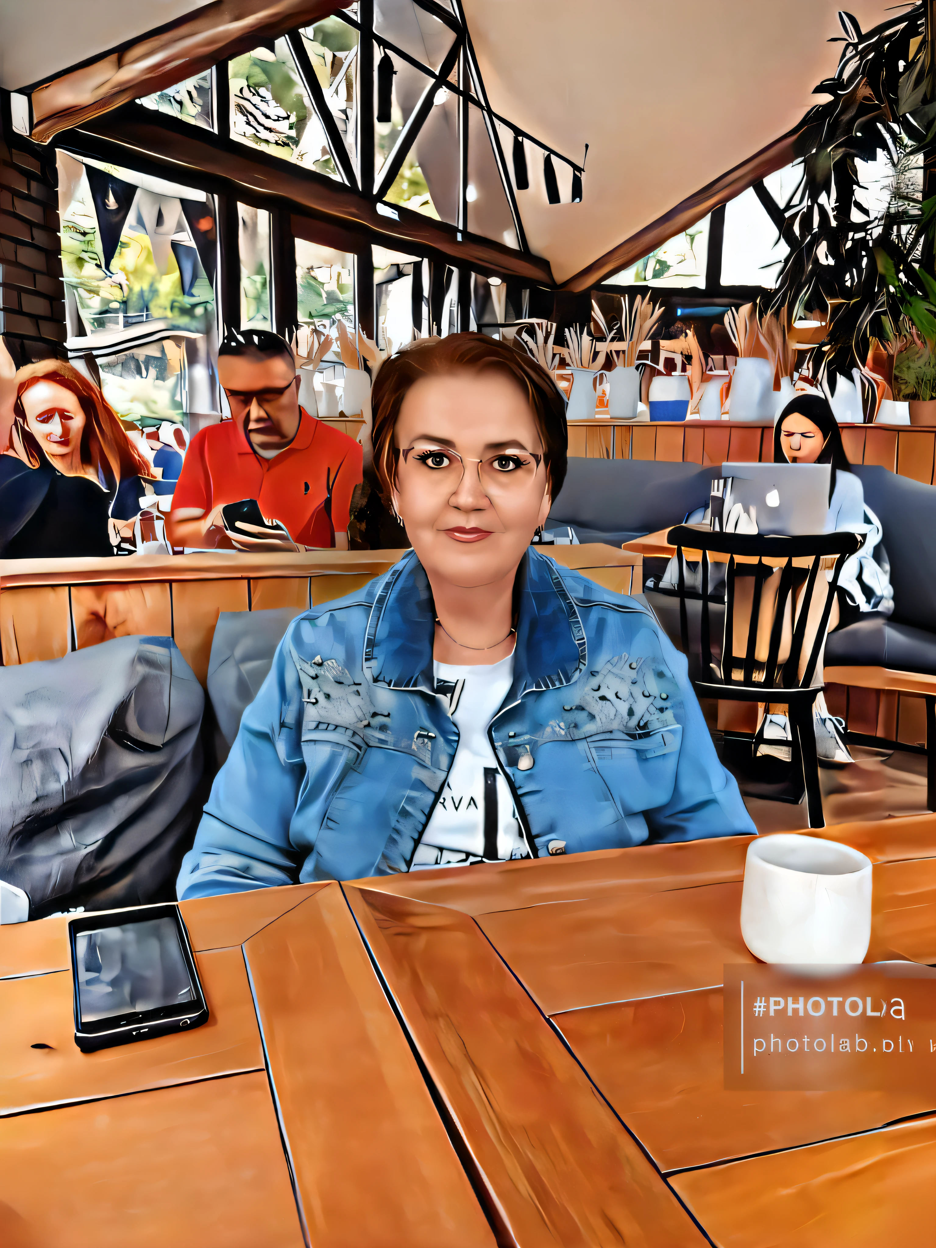 there is a woman sitting at a table with a cup of coffee, sitting in a cafe, foto realista, in a bright café, digital arts, but the photo, taken in 2 0 2 0, shot with Nikon Z9, realistic art, highly realistic photo, by Nándor Katona, in a coffee shop, Watermarked, ekaterina