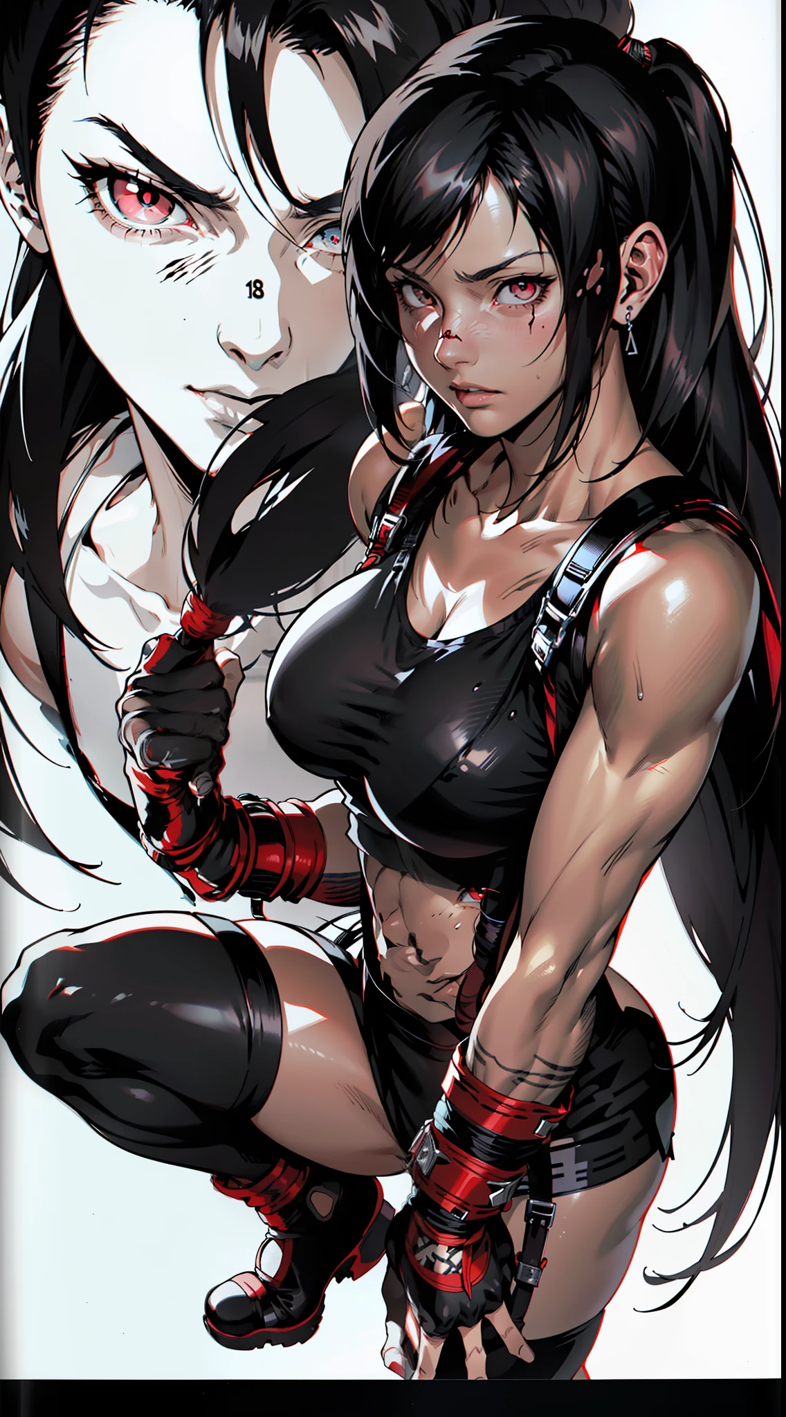 (Anime) . ((((Tifa Lockhart)))), red eyes, full body, indoors . (Masterpiece: 1.8), 64k quality, final fantasy artwork concept, detailed manga eyes, detailed hair, detailed clothes, detailed body, sharper drawings, pronounced detailed face, shiny objects like jewelry, see the creases on the clothes, more consistent clothes, more rounded eyes, globular transparent liquid eyes, more colors, more consistent clothes , correct clothing features, better eye line, better shoulders, really colorful, coarser line, black line, finishing. (drowing (anime (manga (comics)))) (coarser stroke: 1.8) (black stroke: 1.8) (color: 1.8) (clean: 1.8) (color contrast: 1.8) (black outline: 1.8) (adjusted color contrast: 1.8) (shadow play: 1.8) (manga eyes: 1.8) (muscle: 1.5 ) (rendering homogeneous: 1. 3)