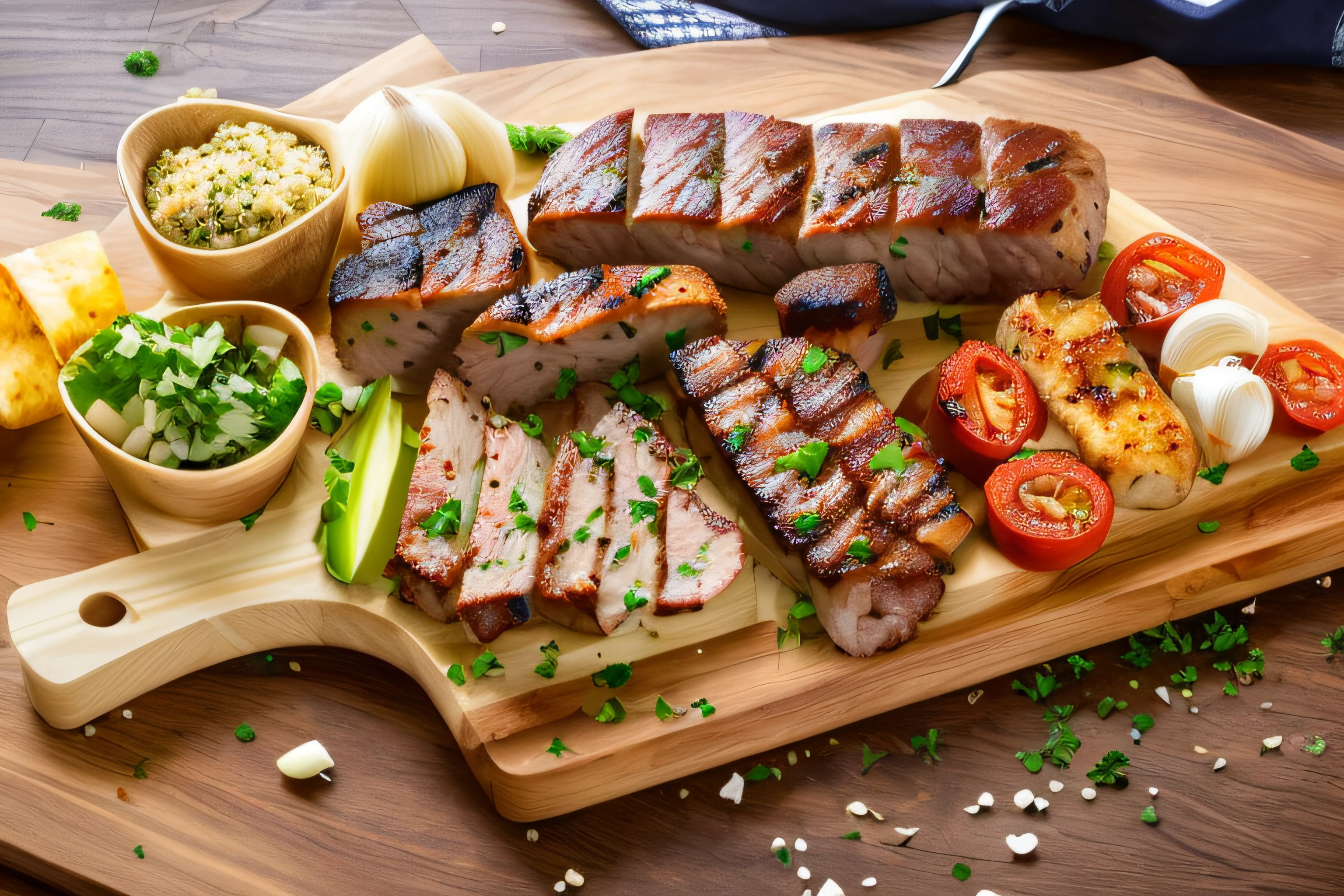 There is a wooden cutting board with meat, Garlic bread, Vegetables, Carne, meats on the ground, carne, Ilinóis, Comida polonesa, comer carne, lindo dia ensolarado, fotografia profissional de alimentos, Romeno, Directed by: Juan O'Gorman, tamanho completo, brasileiro, Churrasco, Salsichas, chorizo sausage