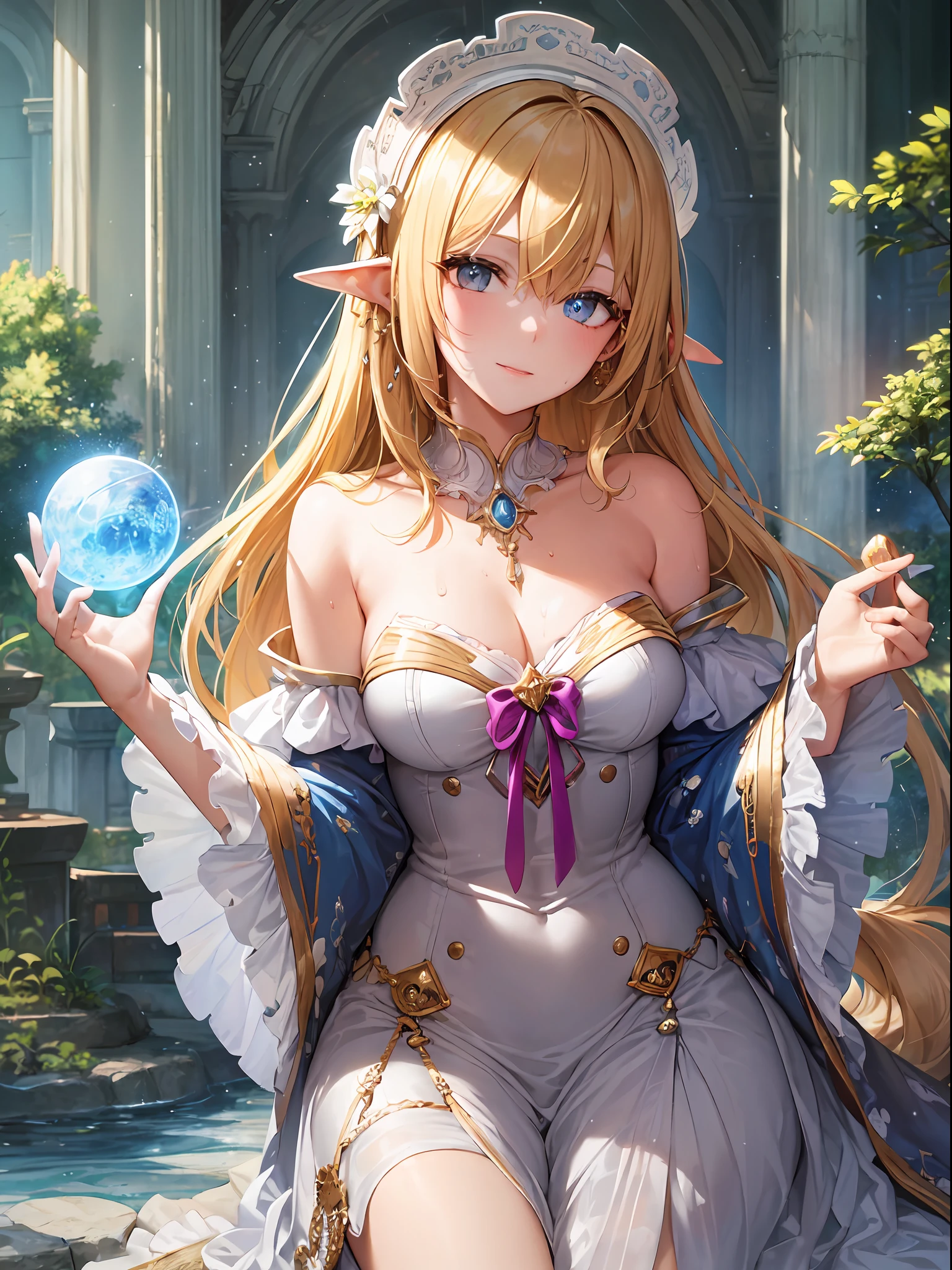 Delicate and masterpiece, beautiful details, colorful, fine details, detailed lips, intricate details, masterpiece, top quality, realistic, hyper detail, (glossy skin, sweaty: 1.4), absurdity, camera gaze, dynamic lighting, high resolution, sharp focus, depth of field, detailed eyes, sharp eyes, realistic eyes, protagonist, Japan female , protagonist, She is a beautiful girl with long blonde hair and blue eyes, and by being reincarnated in another world, she has become capable of magic and adventure. She was thrilled that she had become so cute that she looked at her face in the mirror and smiled. Her smile is expressed in intricate details and realistic descriptions, with words such as quality, image quality, detail, masterpieces, official art, masterpieces, masterpieces and details that are real. Her face is a human body based on human anatomy, and the fingers of her hands have not lost their shape. Her pupils are attractive, with a clear blue color and exaggerated star-shaped pupils.
She was also interested in otherworldly outfits, trying on colorful dresses and accessories. She chose what looked good on her and showed off her fashion sense. She wore a white lace dress with a pink ribbon and a floral ornament on her head. She wore a pearl necklace around her neck and pierced her ears. She wore white gloves on her hands and white socks and pink shoes on her feet. She wore a small heart-shaped brooch on her chest. She had feathers on her back and looked like an angel.
She was also fascinated by otherworldly magic, so she picked up a spellbook and a wand to try out magic. She used the magic of attributes such as fire, water, and wind to create fireworks, bubbles, and balloons in the air. She cast a spell she learned from the spellbook and released a glowing ball from her wand. She waved her wand and painted colorful patterns and letters in the air. She pointed to her wand and moved small animals and dolls. She threw her wand and caught it in the