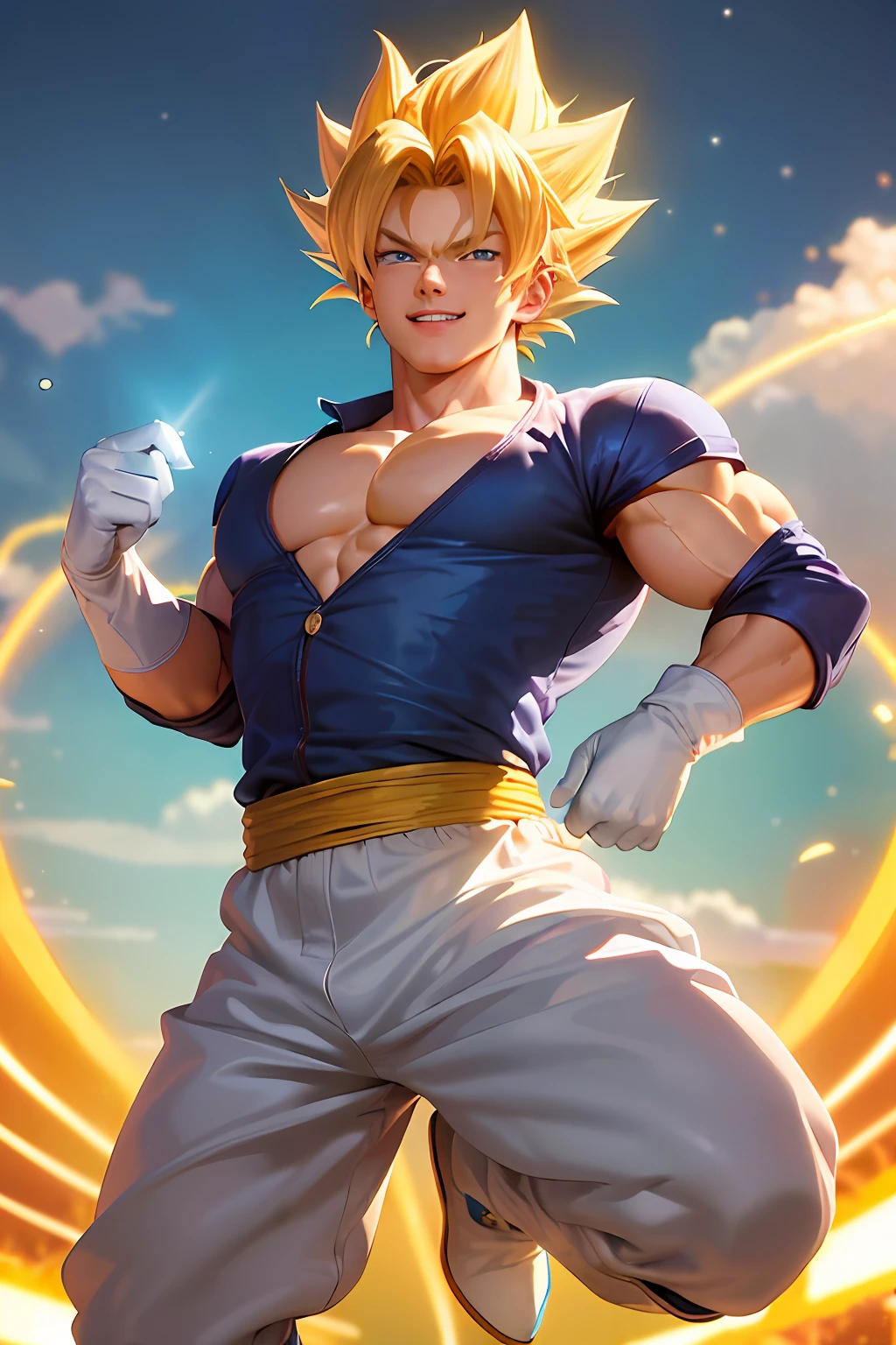 (masterpiece, best quality:1.2), solo, male focus, 1boy, vegetto, super saiyan, grin, looking at viewer, hands on hip, flying, floating, blonde hair, spiked hair, blue eyes, dougi, white boots, white gloves, pectorals, tail, surrounded by yellow lightning