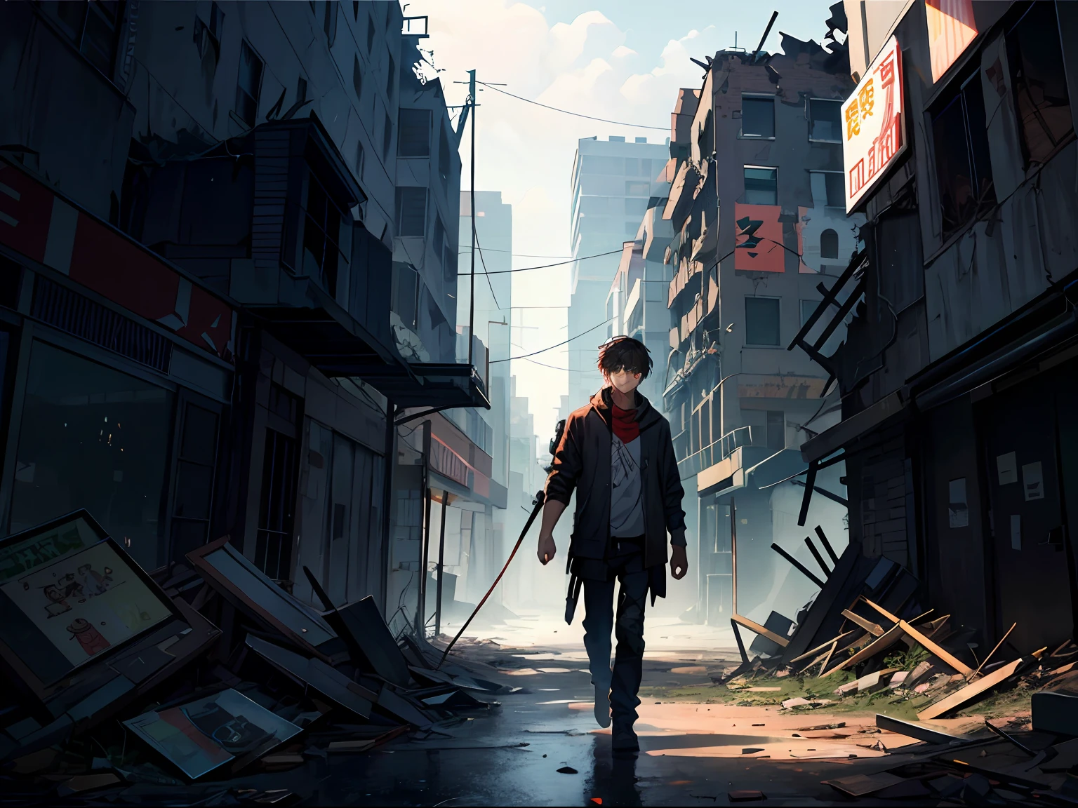 k hd,ultra-detailliert,The illustrations are of high quality,In gray weather,A teenager wrapped his whole body,详细的脸,Revealed a pair of crimson eyes,A dazed expression,Walk through the ruins of a post-apocalyptic city