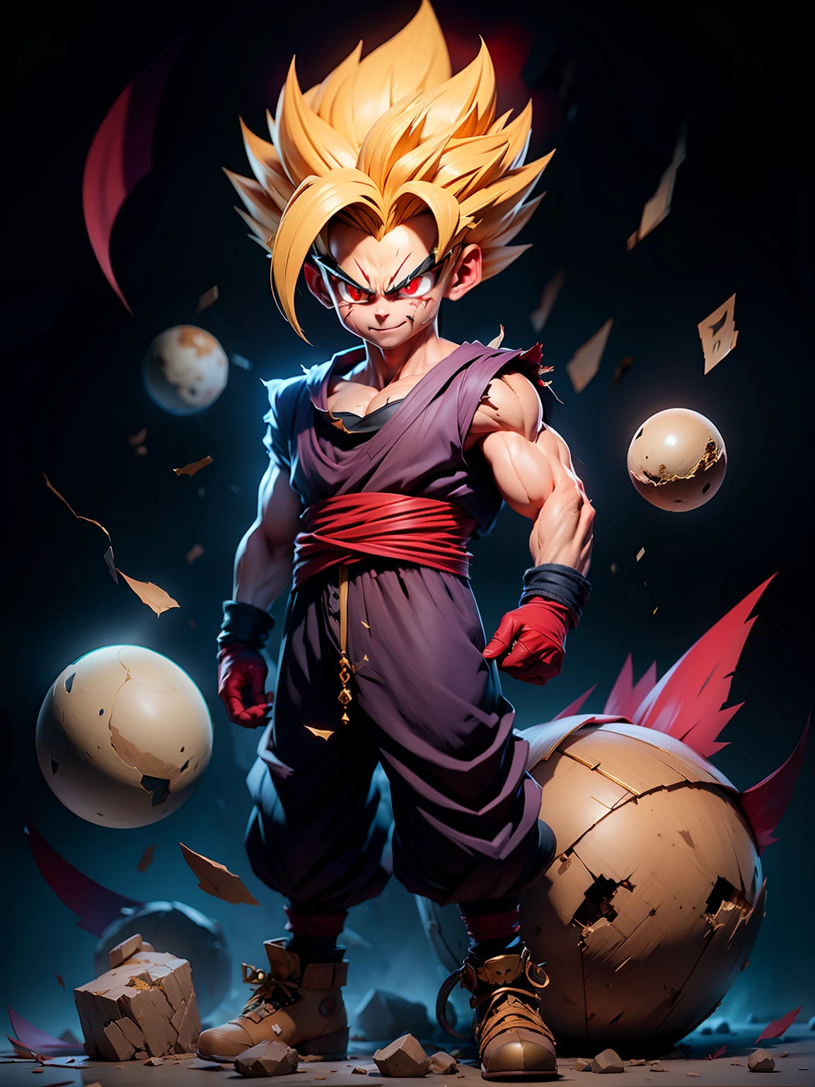 masterpiece, best quality, ultra-detailed, Adult Gohan 1boy, solo, Full body, evil smile, Gold glowing hair, spiked hair, (((red eyes))), (((perfect eyes))), ))), full body, looking at viewer, male focus, earth \(planet\), planet, cracked ground and lots of rocks rising up, lots of debris going up, perfect hands . Cute, chibi, wearing tattered tank shirt and toren clothing, full body glowing gold aura, dark