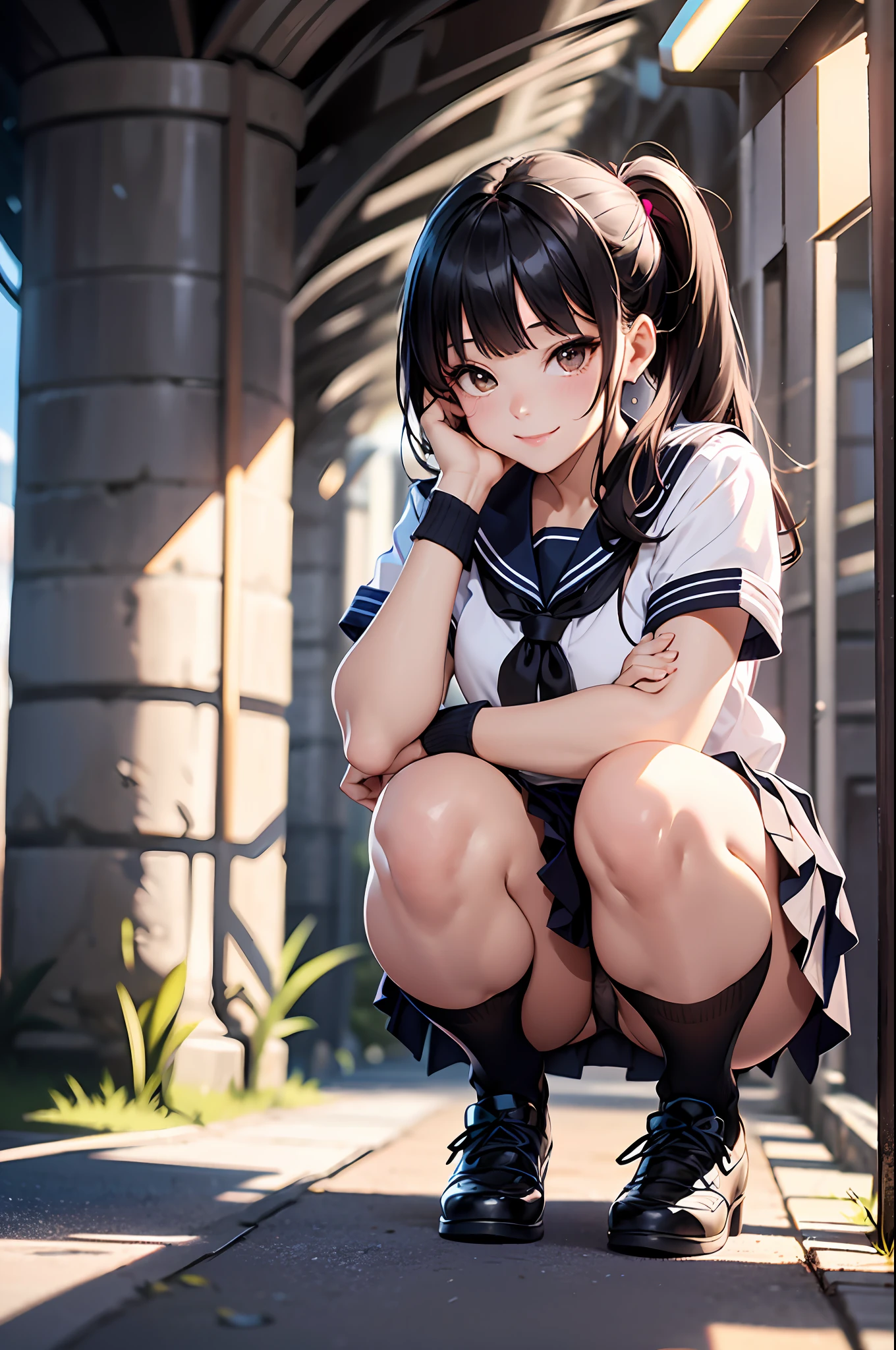(top-quality、in 8K、32K、masterpiece、nffsw、ighly detailed、Impresionismo:1.2)、Full body, (tunnel:1.4)、realistic shadow、beauitful face、blurry backround、18 year old beautiful girl、shinny skin, Beautiful black hair、Blunt bangs、 side poneyTail、Brown eyes、a sailor suit、pleatedskirt、Black socks、Black shoes、Naughty smile、Squatting、Pink panty、thighs thighs thighs thighs、from the front side、Opening legs、PAW Pose、