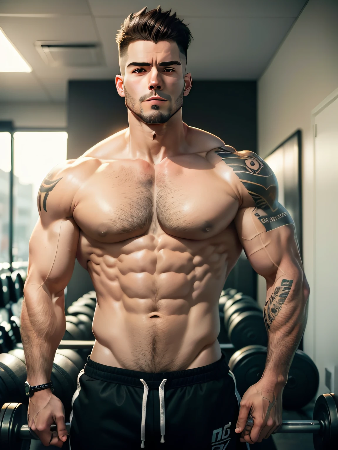 Hombre musculoso y masculino con un tatuaje, mirando al frente con un gym moderno de fondo