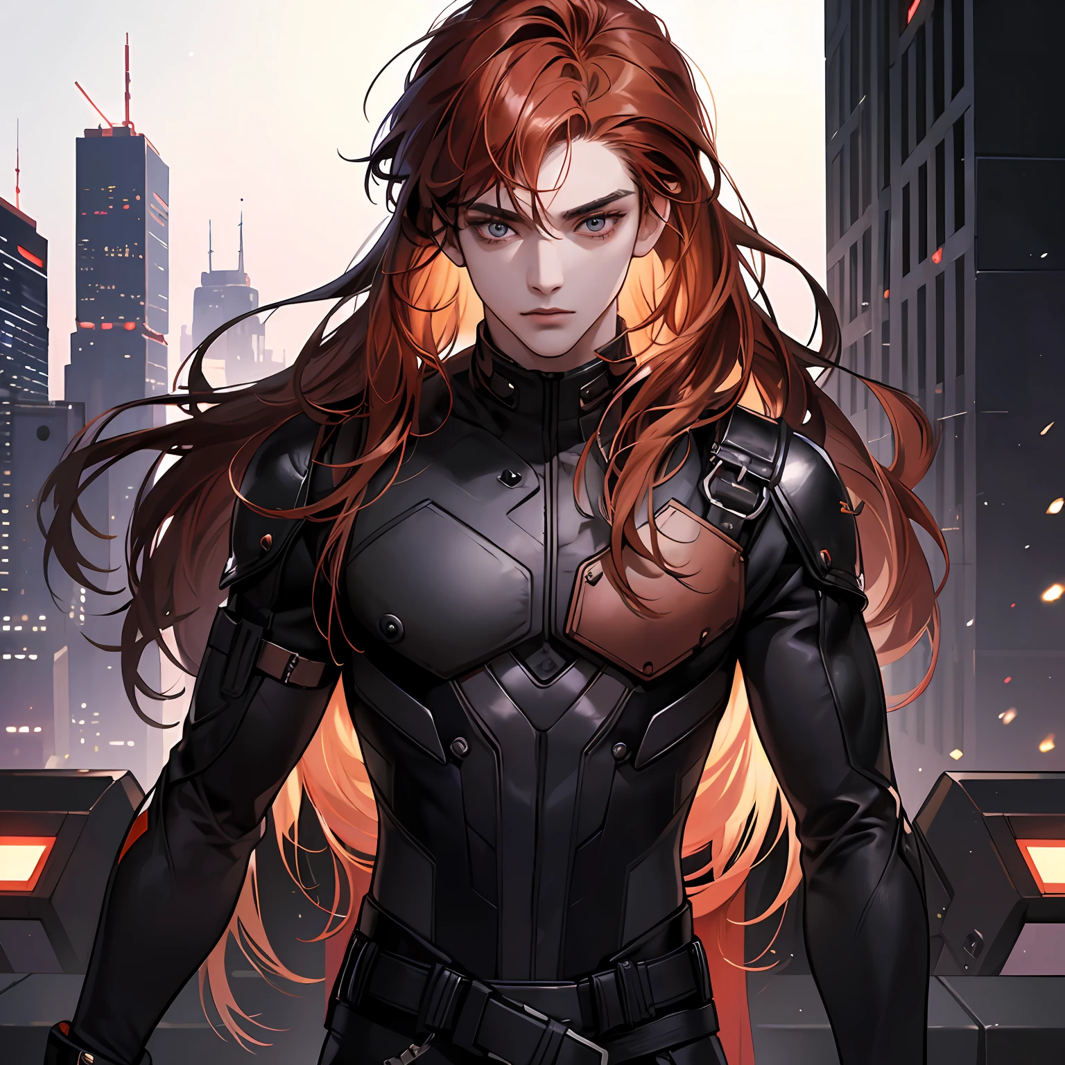 (in 8K、topquality、tmasterpiece:1.2)、1 boy、Skinny macho、pretty eyes、beutiful、Upper torso, Long copper hair, black cyberpunk costume