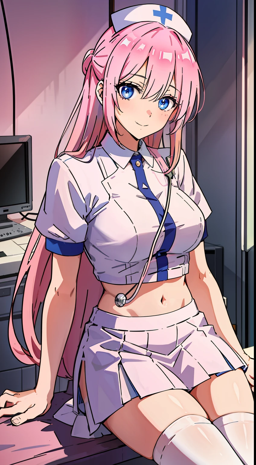 shikimori, slim legs, navel, short skirt, standing, beautiful eyes, blue eyes, happy, nurse, hospital, pink hair, long hair, thigh high socks, sitting