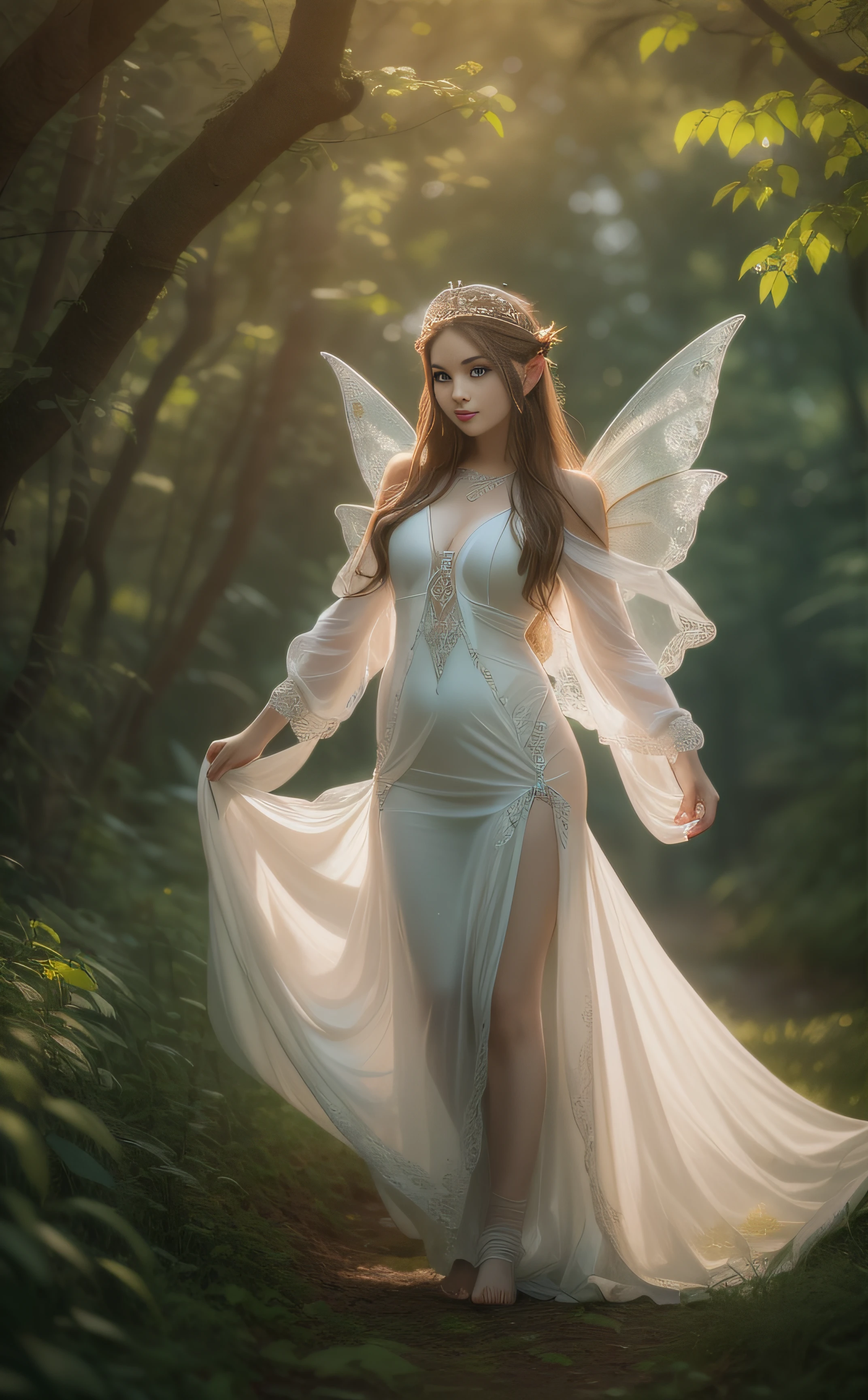 a smile、being thin、Photo of a gorgeous 20-year-old Finnish fairy wearing (White Flow Dress:1.2) And (Delicate fairy wings:1.2), , (Sateen:1.1), on forest path:,, masutepiece, Barefoot, (Natural lighting:0.8), 8K, ((Realistic)), , the woods、covering the navel、hiding breast、Hide legs、(Curvaceous)femele(flawless skin:1.11)、The upper part of the body、Alafed woman in white dress posing for photo, very beautiful top model, A beautiful maiden, goddess of the forest, Princess, goddes, ornate cosplay, princess, Beautiful tree, , Beautiful and elegant queen, elf princess, beautiful elf with ornate robes, nature goddess, Elf long woven brown hair,8k artistic portrait photography, , portraitures, The upper part of the body、Shot with Canon EOA 6 D Mark II, , portrait shot, taken with canon eos 5 d mark iv, , Aesthetic portrait