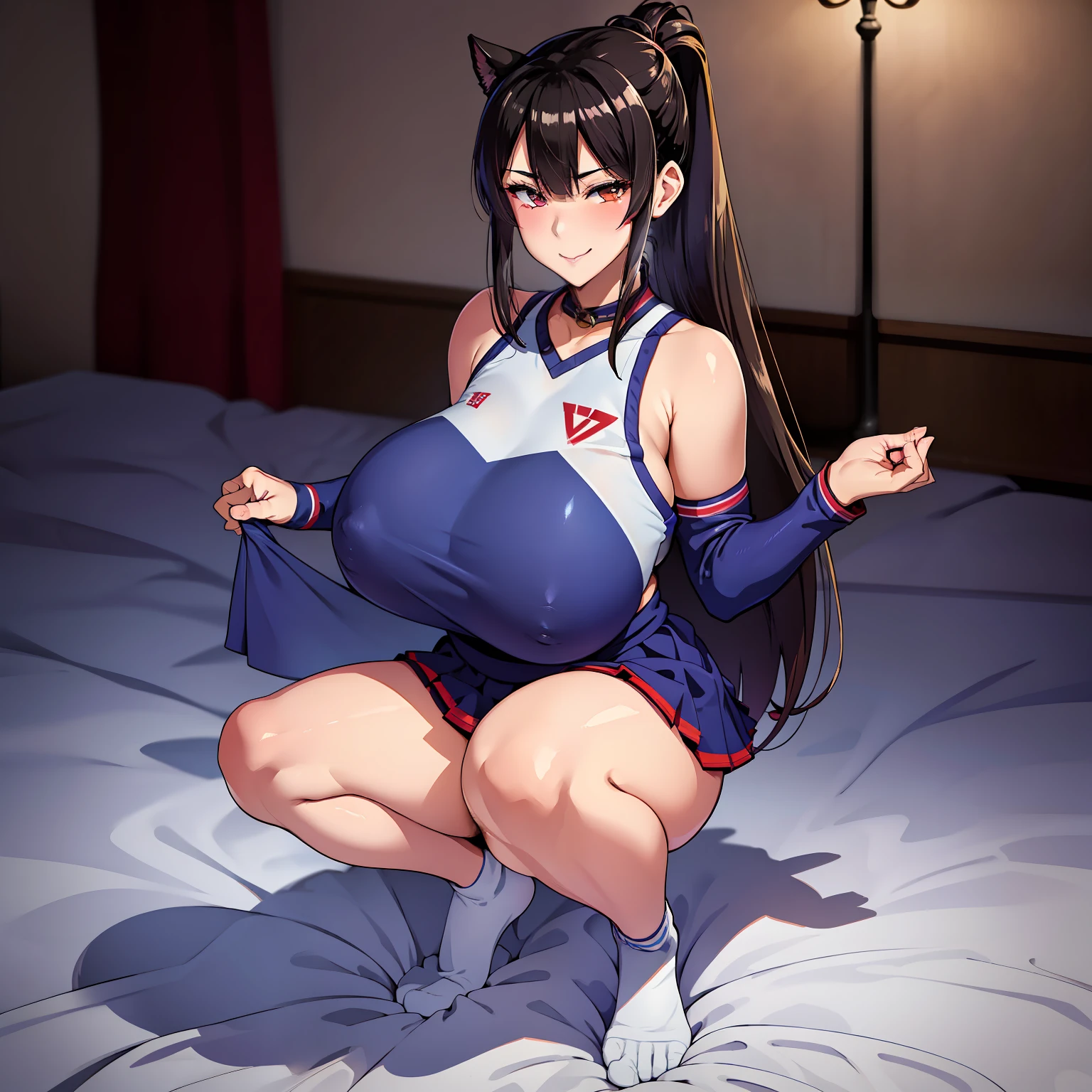 A dark-haired、poneyTail、cheerleader clothes、Colossal tits、I'm rooting for you、aunty、Nasty smile、a bed、Full body like