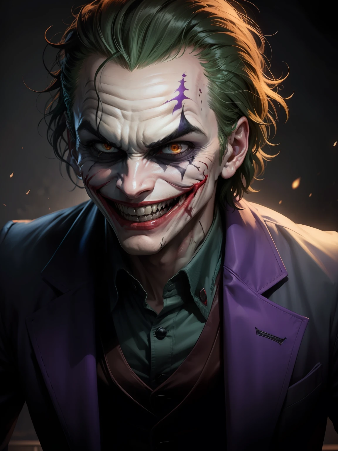 Image of the joker laughing compulsively with a look of hatred in the darkness with a countenance of anger