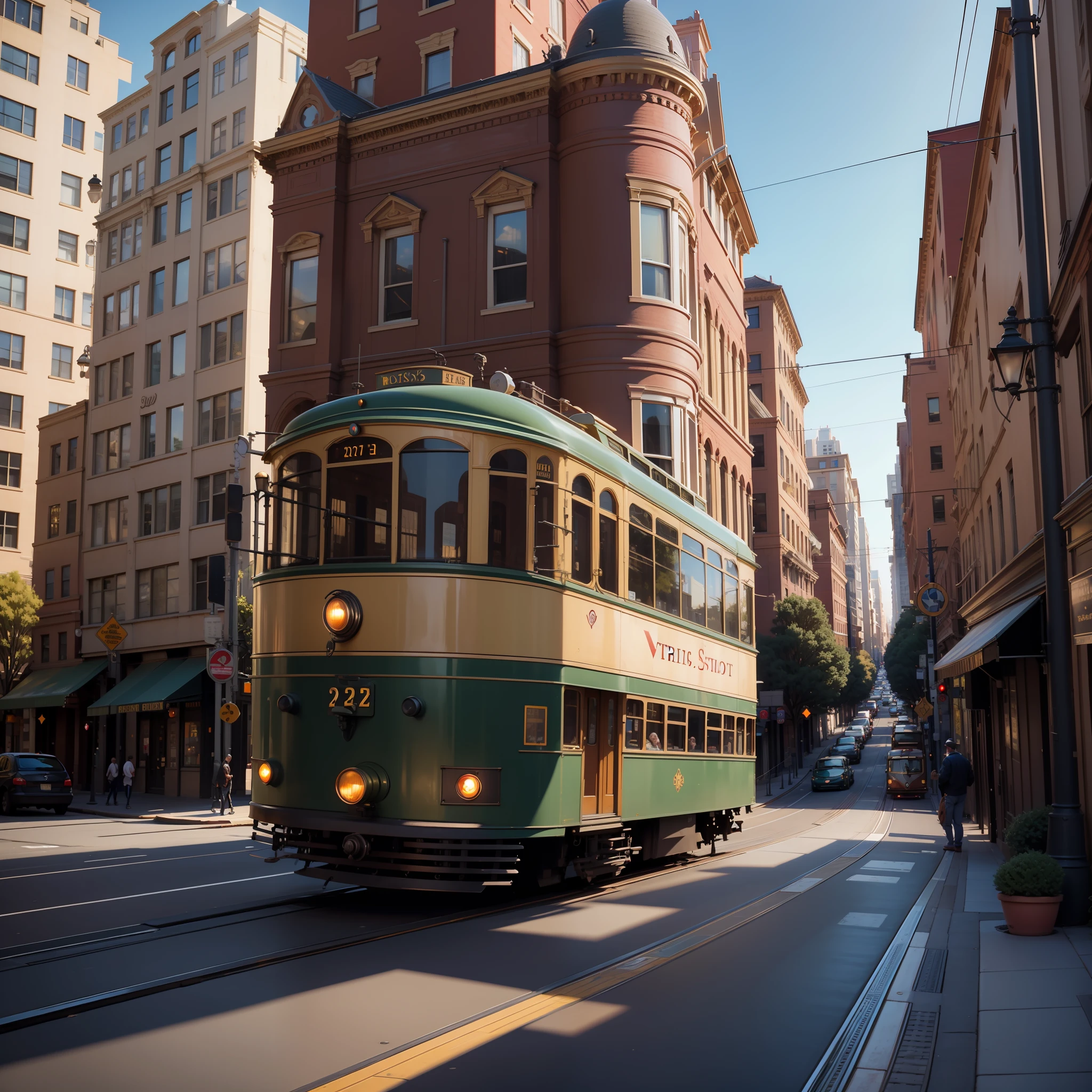 (masterpiece, top quality, best quality, official art, beautiful and aesthetic:1.2),
there are two trolleys that are going down the street, trams, street tram, trams ))), san francisco, tram, 
former, typical, beautiful oil matte painting, american scene paintin, vibrant scene, bay area, 
San Francisco ca, painting of san francisco, 8 k hd detailed oil painting, at a city street, 
buildings photorealism,