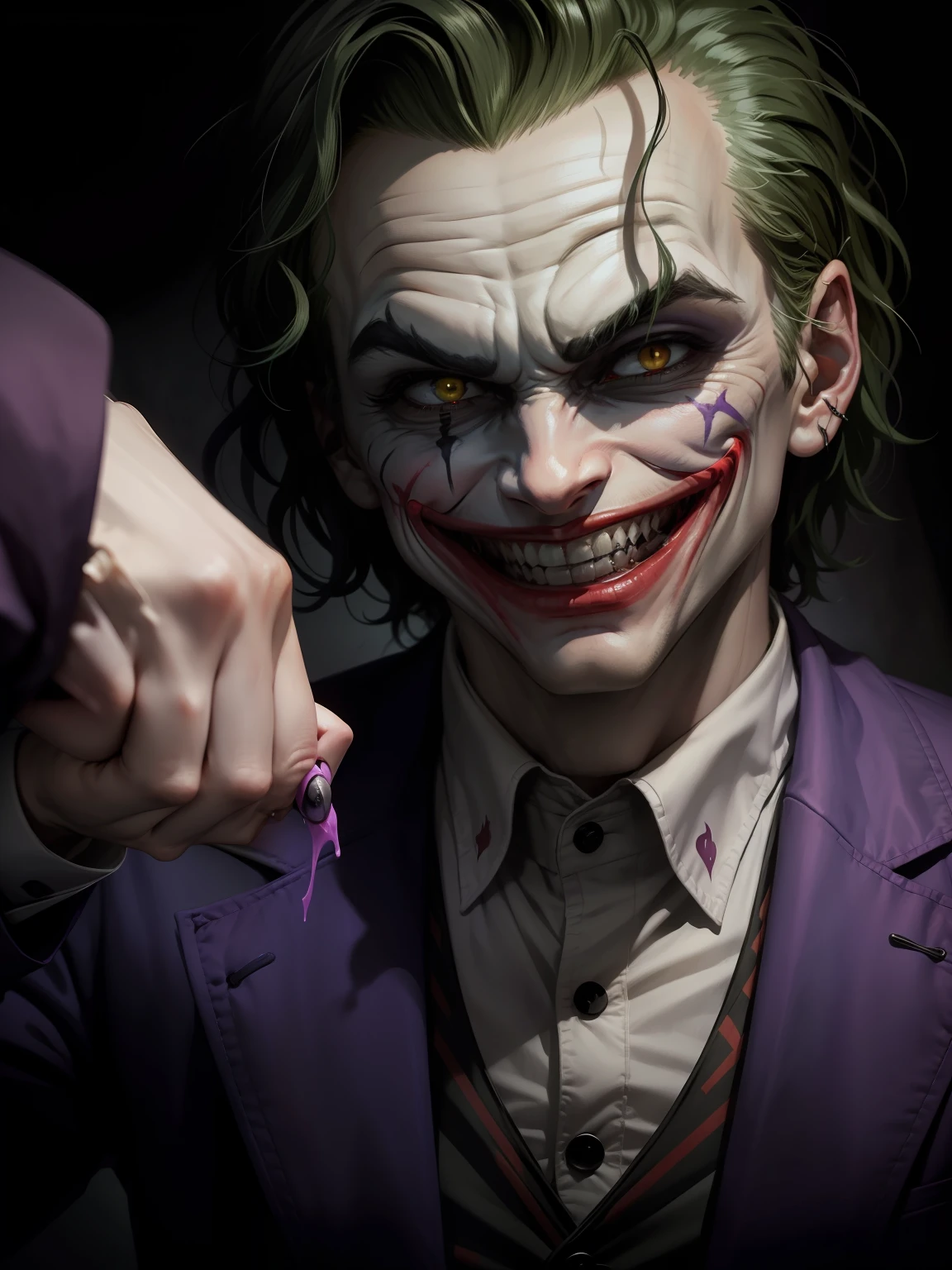 Image of the joker laughing compulsively with a look of hatred in the darkness with a countenance of anger