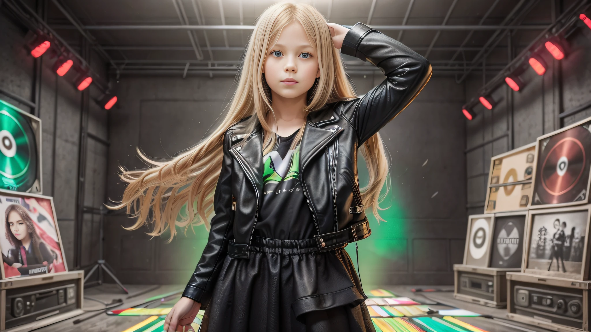 12 year old girl, long blonde straight hair, with black leather jacket and black clothing, in the photographic studio, with white infinite background, GREEN BACKLIGHT with many cds and vinyls on the floor, SOFT GREEN LIGHT.