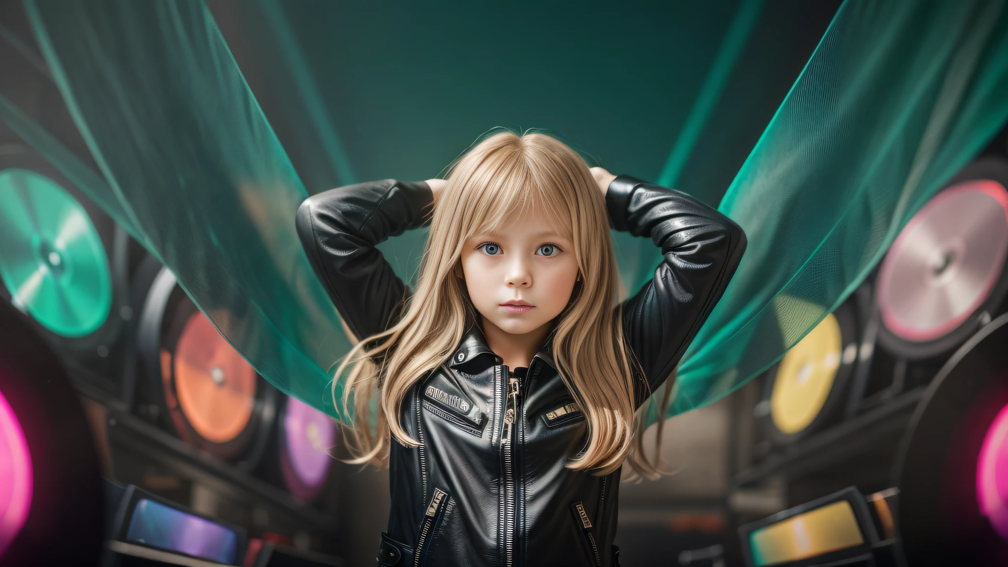  girl, long blonde straight hair, with black leather jacket and black clothing, in the photographic studio, with white infinite background, GREEN BACKLIGHT with many cds and vinyls on the floor, SOFT GREEN LIGHT.