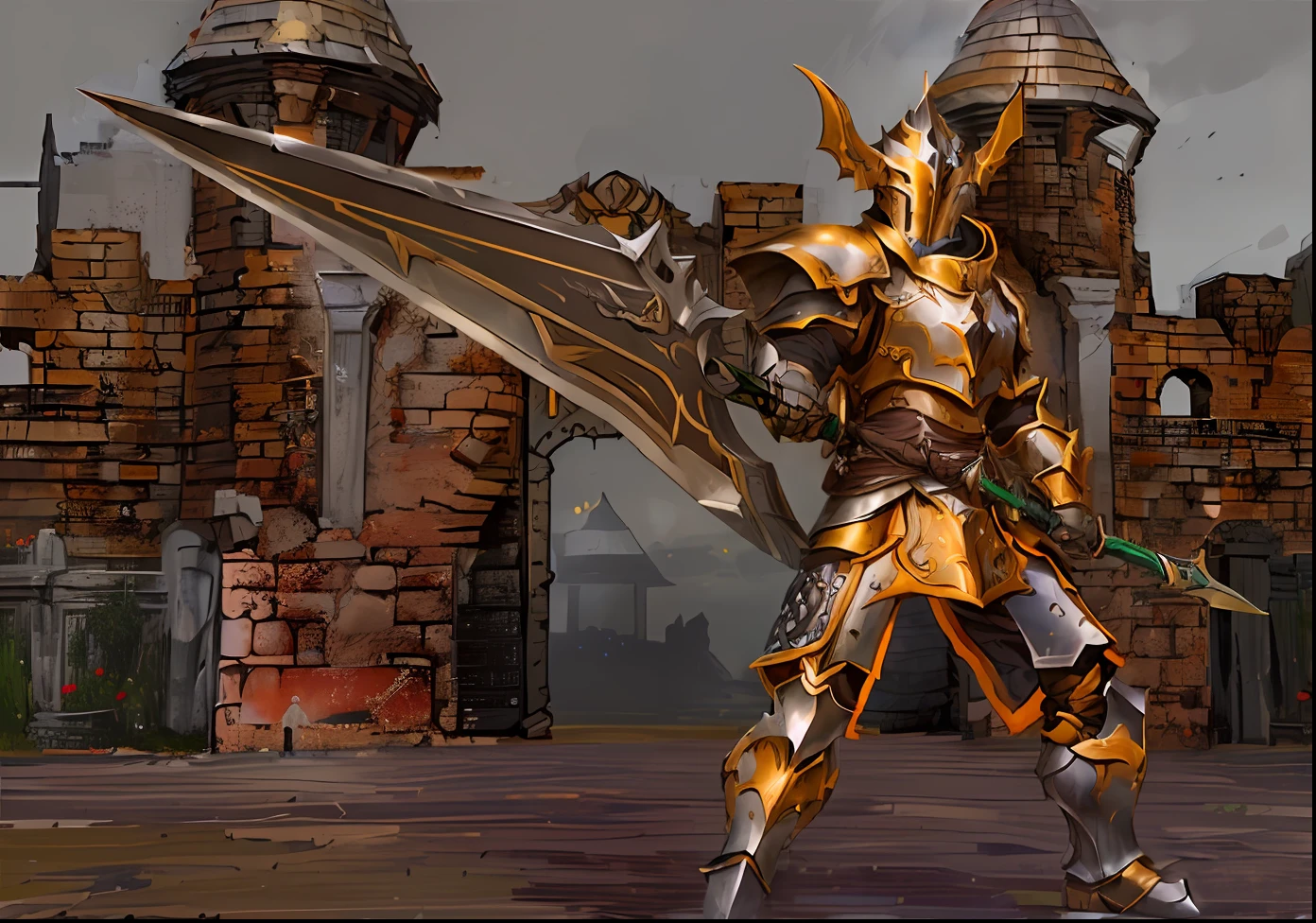 There is a man in armor holding a sword in front of a castle, epic paladin armor, heroes of might and magic, <Cena MMORPGS, vestido com armadura de batalha antiga, Heroes of Power and Magic 3, ares com armadura pesada e espada, Armadura dourada de Paladin, calibre da alma, guerreiro blindado, action rpg video game, cavaleiro da fantasia forte