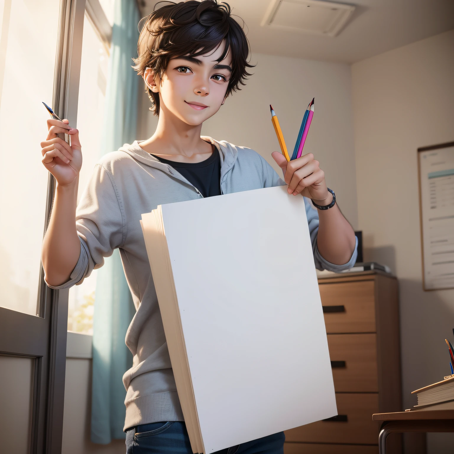 Teenager showing a large blank sheet in one hand, On the other hand, holds a pencil, adolescente muito feliz e alegre estilo anime, manga-style, corrigir os olhos,