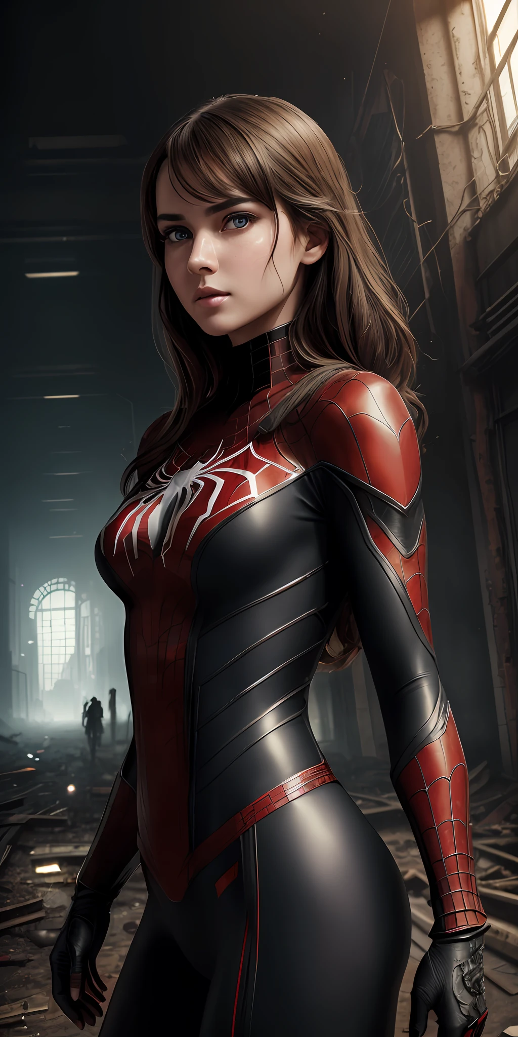 (1girl:1.3), solo, (((extremely detailed face))),(((extremely detailed eyes and face))),beautiful detailed eyes,body-parts__, official art, unified 8k wallpaper, super detailed, beautiful and aesthetic, beautiful, masterpiece, best quality, raw, masterpiece, super fine photo, best quality, super high resolution, photorealistic realism, sunlight, full body portrait, amazing beauty,, dynamic pose, delicate face, vibrant eyes, (from the front), she is wearing a Spider-man suit, red and black color scheme, spider, very detailed abandoned warehouse background, Detailed face, detailed complex busy background, messy, gorgeous, milky white, highly detailed skin, realistic skin details, visible pores, sharp focus, volumetric fog, 8k uhd, DSLR, high quality, film grain, fair skin, photo realism, lomography, huge metropolis in future dystopia, seen from below, translucent