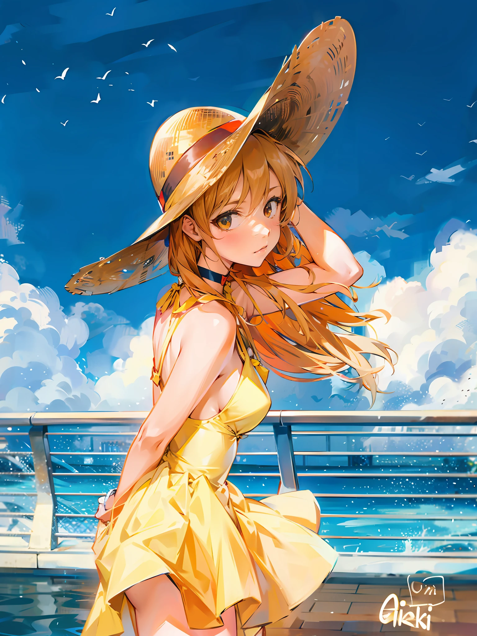 dress in yellow,railing,1girll,asuka