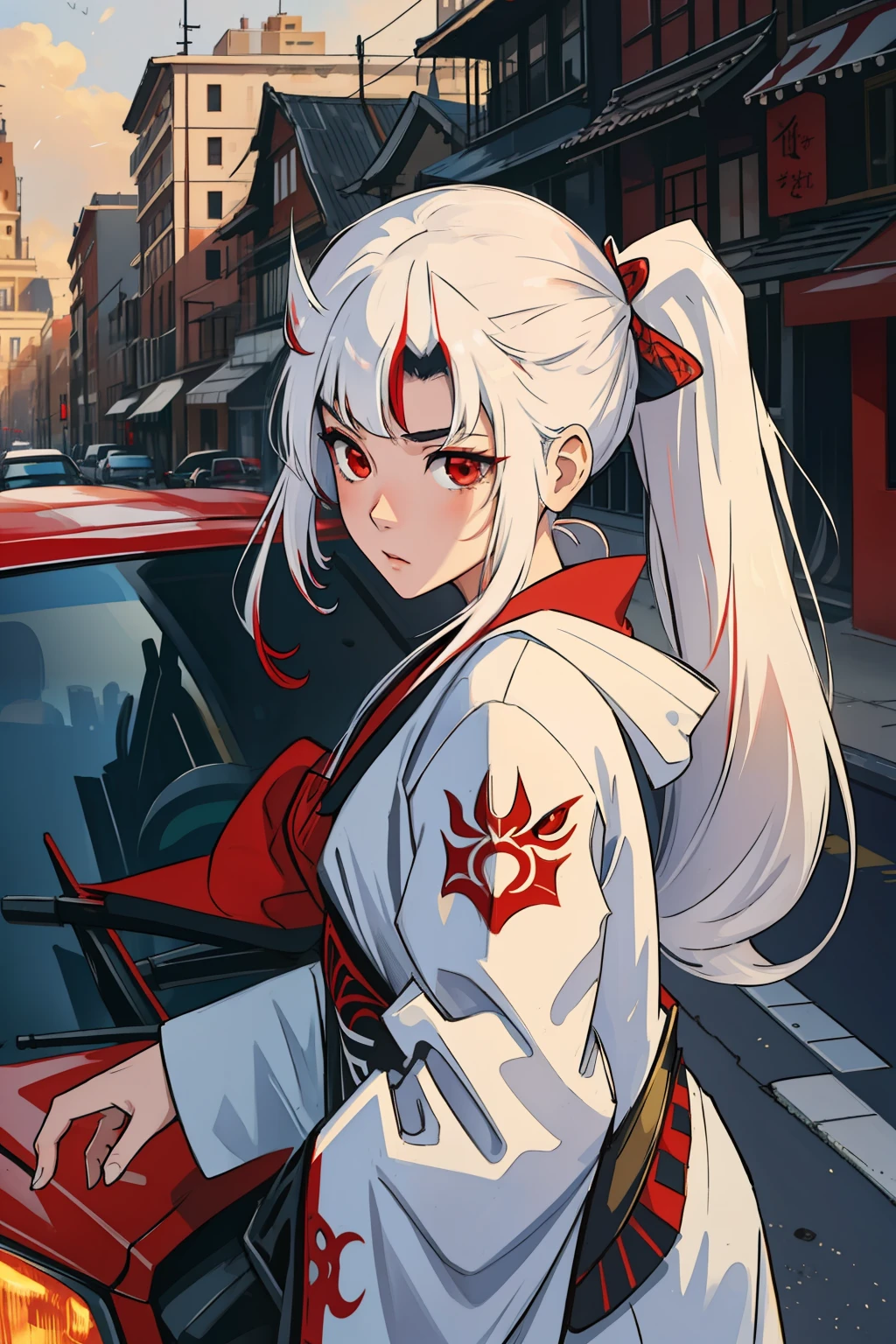 (masterpiece, best quality), intricate details, 8k, artstation, wallpaper, official art, splash art, sharp focus,
1girl, Nakiri Ayame, long hair, twintails, red eyes, white hair,
spider suit, spider web print, spider web,
skyscrappers, city, buildings, cars, street,