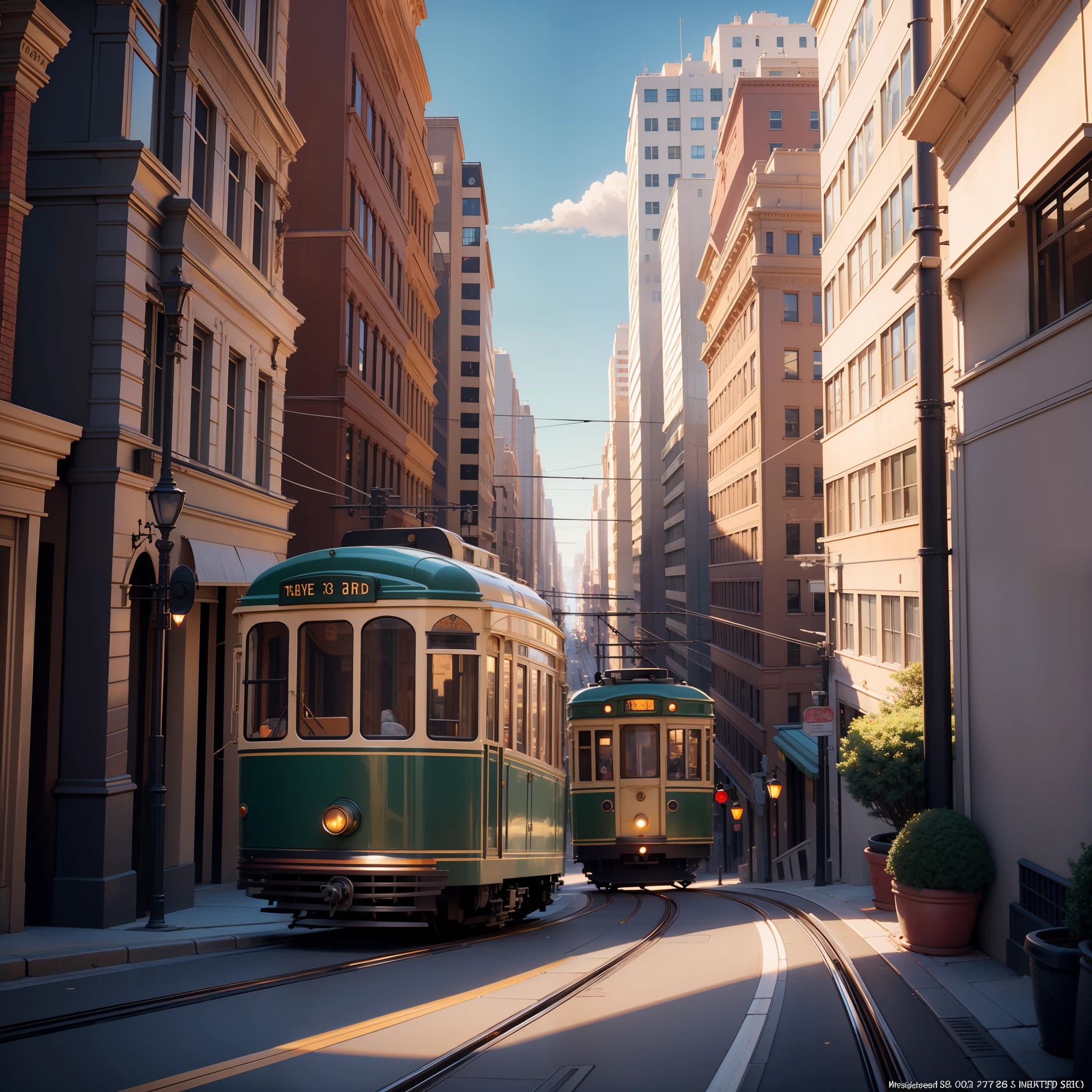 (masterpiece, top quality, best quality, official art, beautiful and aesthetic:1.2),
there are two trolleys that are going down the street, trams, street tram, trams ))), san francisco, tram,
former, typical, beautiful oil matte painting, american scene paintin, vibrant scene, bay area,
San Francisco ca, painting of san francisco, 8 k hd detailed oil painting, at a city street,
buildings photorealism,