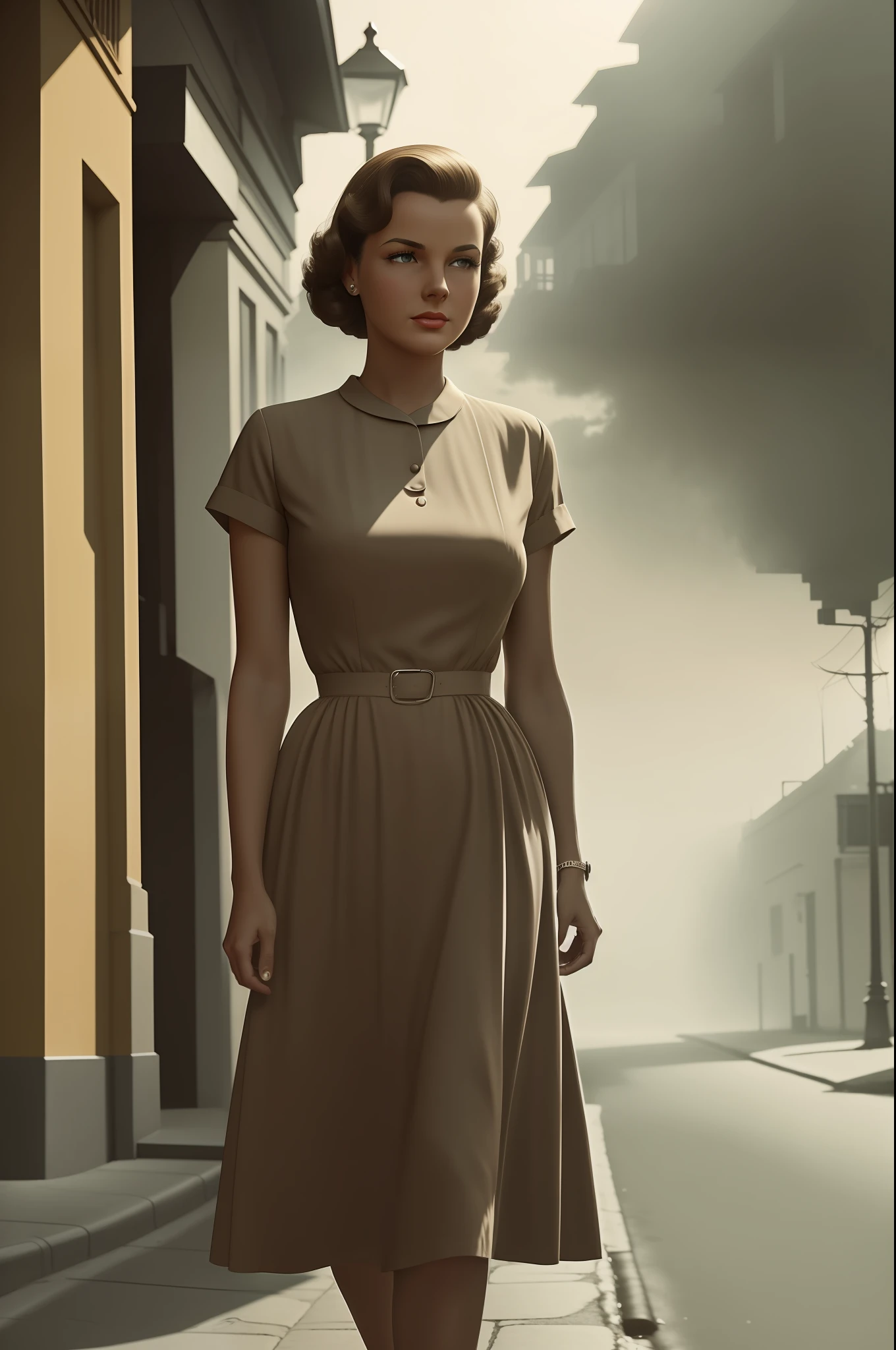 1950s. Frontal view. Woman walking the street and looking forward. An inexpensive light brown dress. Her lips are pursed and his gaze is tense. The situation is dangerous and serious. Colored. Misty atmosphere. Daytime lighting. An atmosphere of mystery and intrigue. The soft rays of the sun give hope for a better future.