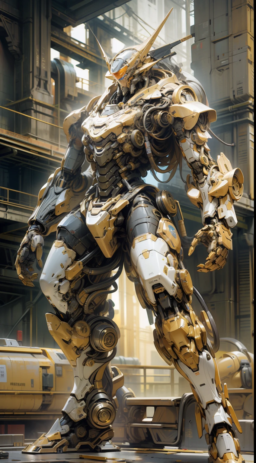 Golden tall mech, golden armor, golden robot, (golden can), cyberpunk style, mecha covered with dragon pattern, huge body, (complex structure), super detailed detail, ruins background, full body shot, 8K, super clear, super HD, super realistic, super real