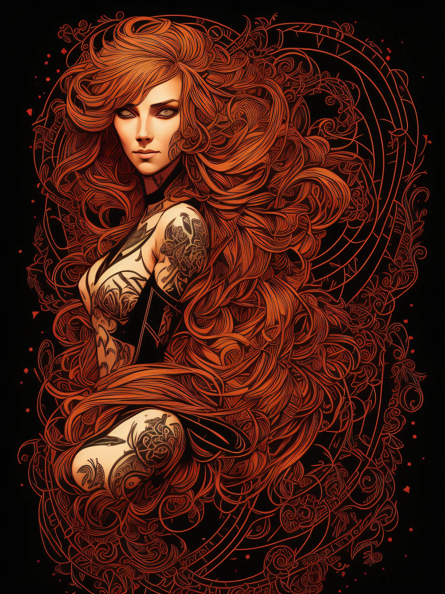 Freyja, t-shirt art, 2D, ((black background :1, 5)), vector, vivid colors, masterpiece, best quality, intricate details, perfect symmetrical face, realistic details, gothic theme, rim light, moonlight, cinematic shading, Greg Rutkowisk