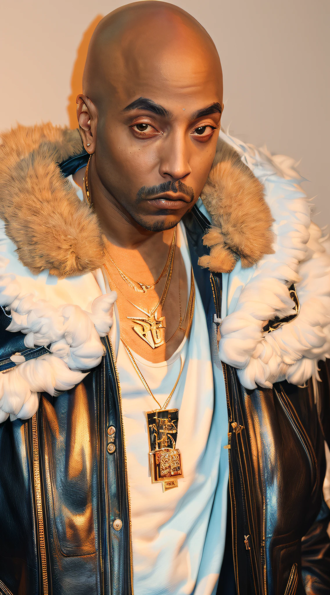 1rapper with Bald hair, Unique mink Fur Jacket (Virgal Abloh) (? R Gigger), fog, detailed and realistic image, amazing composition with vintage scenery with abstract shapes, abstract minimalist background with tentacles, melt, drip, yoshitomo nara:1.5, wes anderson:1.3, new casualism, retro, minimalism,BiopunkAI