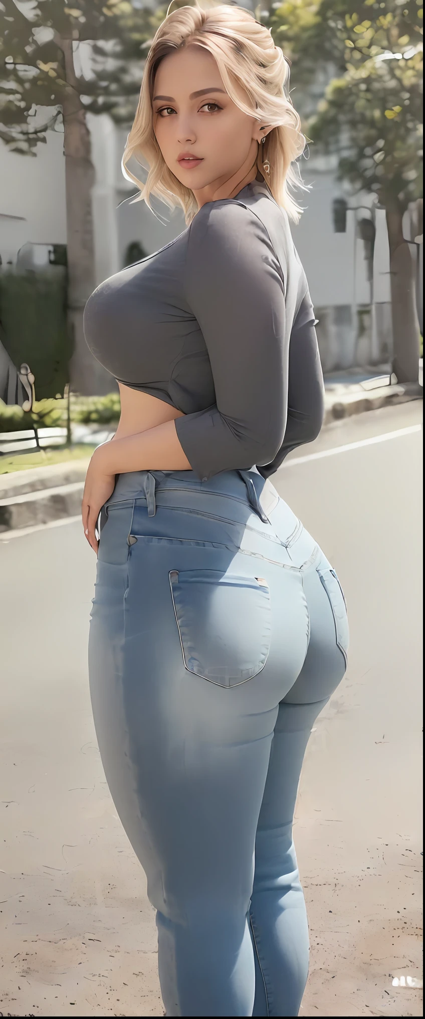 A woman in jeans and a gray top standing on a road, cintura magra e quadris grossos, ((pernas magras, cadence body, thicc, jeans apertado, thick thieves, usando roupas simples e apertadas, woman is curved, roupa apertada, curvy accentuated booty, Derriere em forma, ajuste apertado, belas curvas, quadris largos, jeans preto extremamente apertado, Back from Toned, grosso, fotografiarrealista, fotografia, obra-prima, realista, Realismo, renderizado, Alto contraste, Arte Digital, fotográficorealista, trend in Artstation 8k HD, High definition, circunstanciado, Realistic;, detalhada, textura da pele, hiperdetalhada, Textura realista da pele,m, melhor qualidade, ultra high-resolution, (fotografiarrealista: 1.4), alta resolução, detalhada, fotografia crua, sharp re, Nikon D850 Film Stock Photography 4 Camera Kodak Portra 400 Lens F1.6 pale colors hyper realistic texture dramatic lighting unreal trend in artstation cinestill 800, ..RAW.