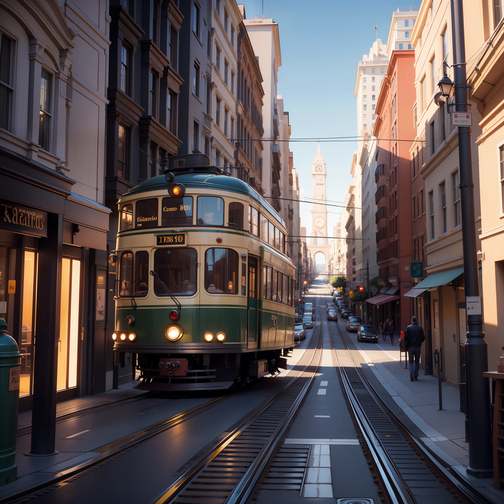 (masterpiece, top quality, best quality, official art, beautiful and aesthetic:1.2),
there are two trolleys that are going down the street, trams, street tram, trams ))), san francisco, tram,
former, typical, beautiful oil matte painting, american scene paintin, vibrant scene, bay area,
San Francisco ca, painting of san francisco, 8 k hd detailed oil painting, at a city street,
buildings photorealism,