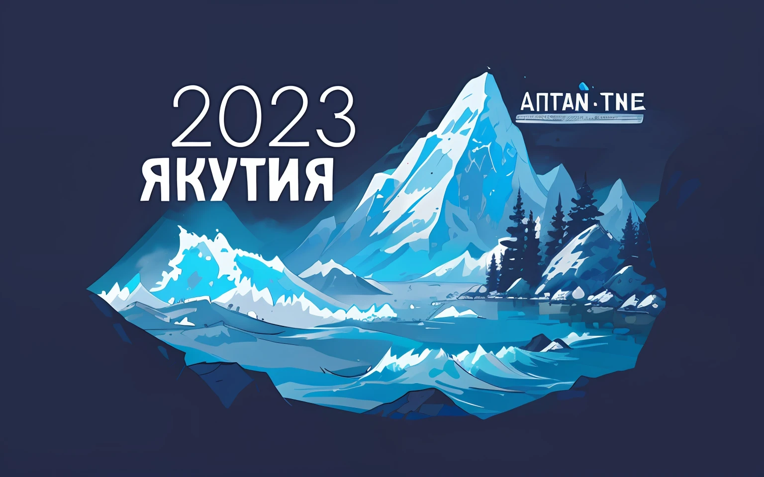 Silhouettes of mountains in the distance, A turbulent river with stones and rapids, splatter, Silhouette of coniferous forest. Flat vector image. scherenschnitte, outlines. Three pure colors: A white, light blue, blau.