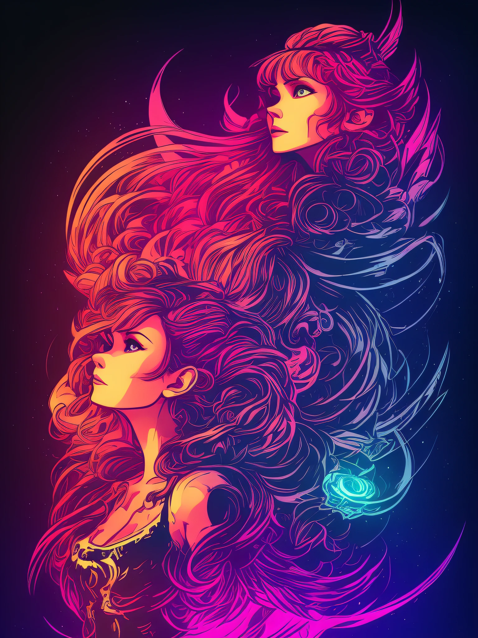 Freyja, 2D t-shirt art, epic illustration, vector, 2d illustration, black background, very colorful, full gradient modern colors, Focused, front view