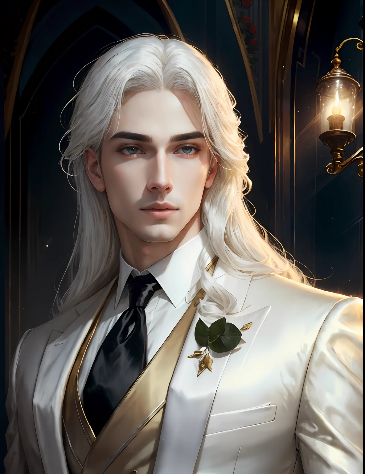 masterpiece, highest quality, (solo focus), (perfect face:1.1), (high detail:1.1),dramatic, 1guy, (pale skin), long white hair, white eyes, [light eyebrows], solo, long hair, moon, night, white luxury suit, covered navel, pouty lips, (beauty marks),  palace, detailed background, art by artgerm and greg rutkowski,  cinematic lighting, roses, suggestive