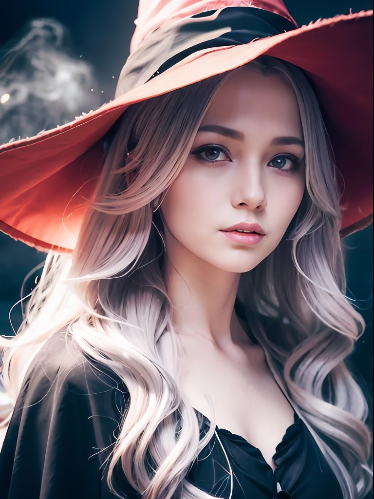 RAW photo, one person, skin invisible, front shot, bustup portrate, witch, Sensual beautiful woman with round cheeks, realistic facial expression, pale skin, wavy white hair, long hair, witch hat, white skin, slender body, wearing black witch robe with silver decoration, confident expression, (magic mysterious background, lightning, glowing particles, ethereal fog, faint darkness), high saturation, film light, rim light, best shadows, pointing here, background is urban ruins, (very detailed skin: 1.2), 8k UHD, DSLR, soft lighting, high quality, film particles, fujifilm XT3