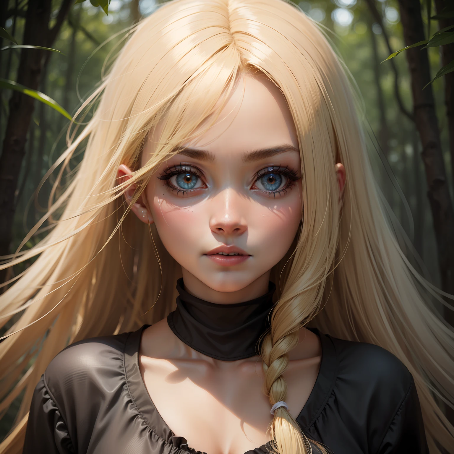 1 girl, barnet (olhos dourados), pele negra, blonde hair. Fundo de imagem: floresta.