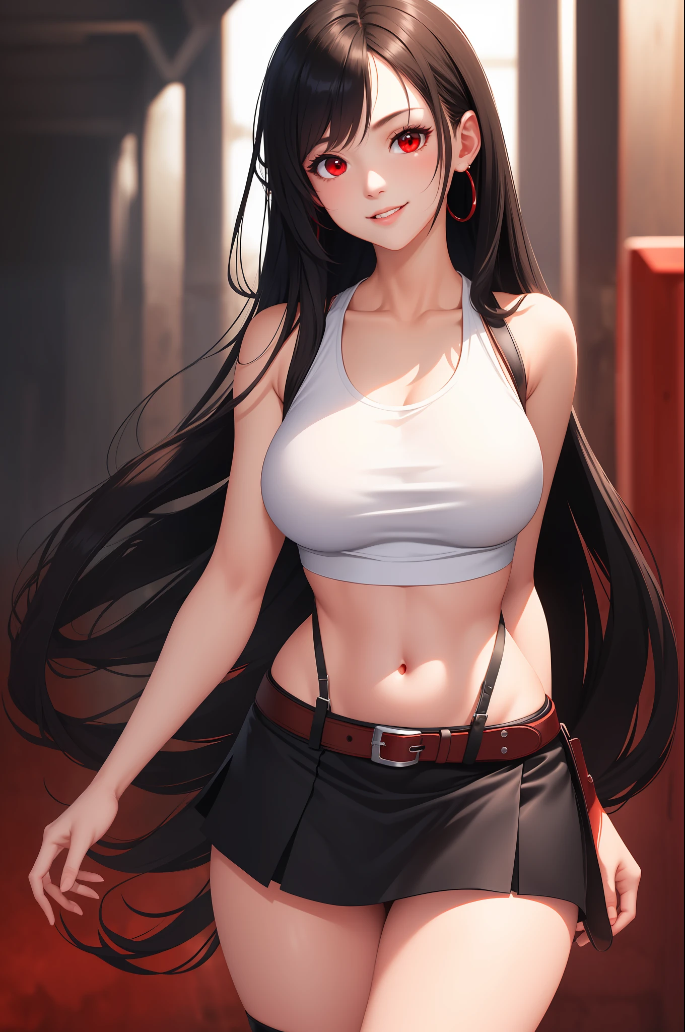 Highly detailed, High Quality, Masterpiece, beautiful, TifaOG, white tank top, black miniskirt, 1girl, solo, cowboy shot, light smile, arm behind back, red eyes