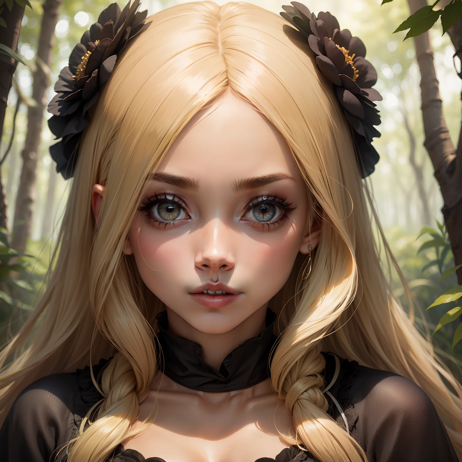 1 girl, barnet (olhos dourados), pele negra, blonde hair. Fundo de imagem: floresta.